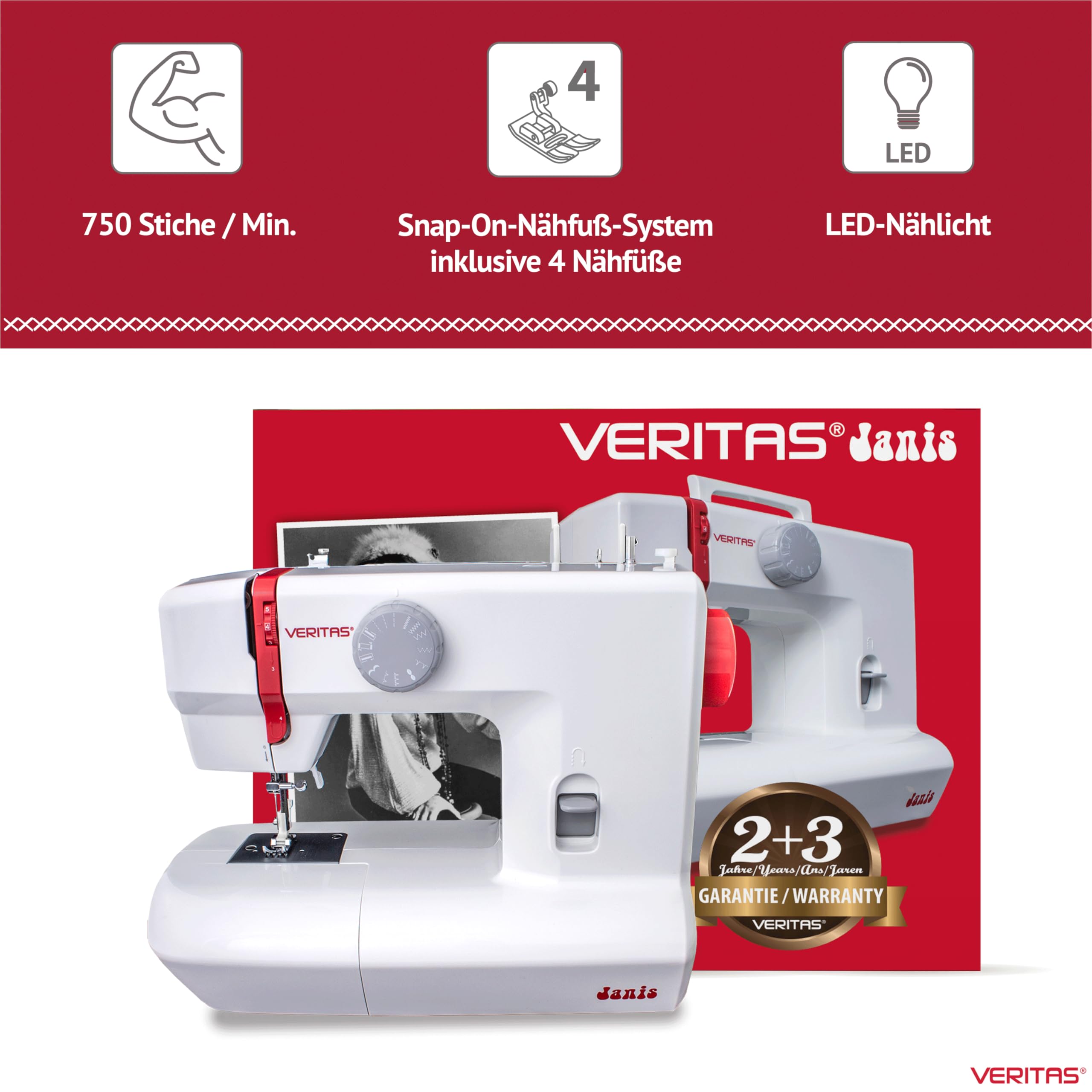 VERITAS Kinder-Nähmaschine Janis I mit Fuß-Pedal I Einfädelhilfe & Fadenabschneider I 9 Stiche I LED-Nählicht I Zierstiche & Stretch-Stiche I Kleine Nähmaschine für Anfänger (weiß-rot)