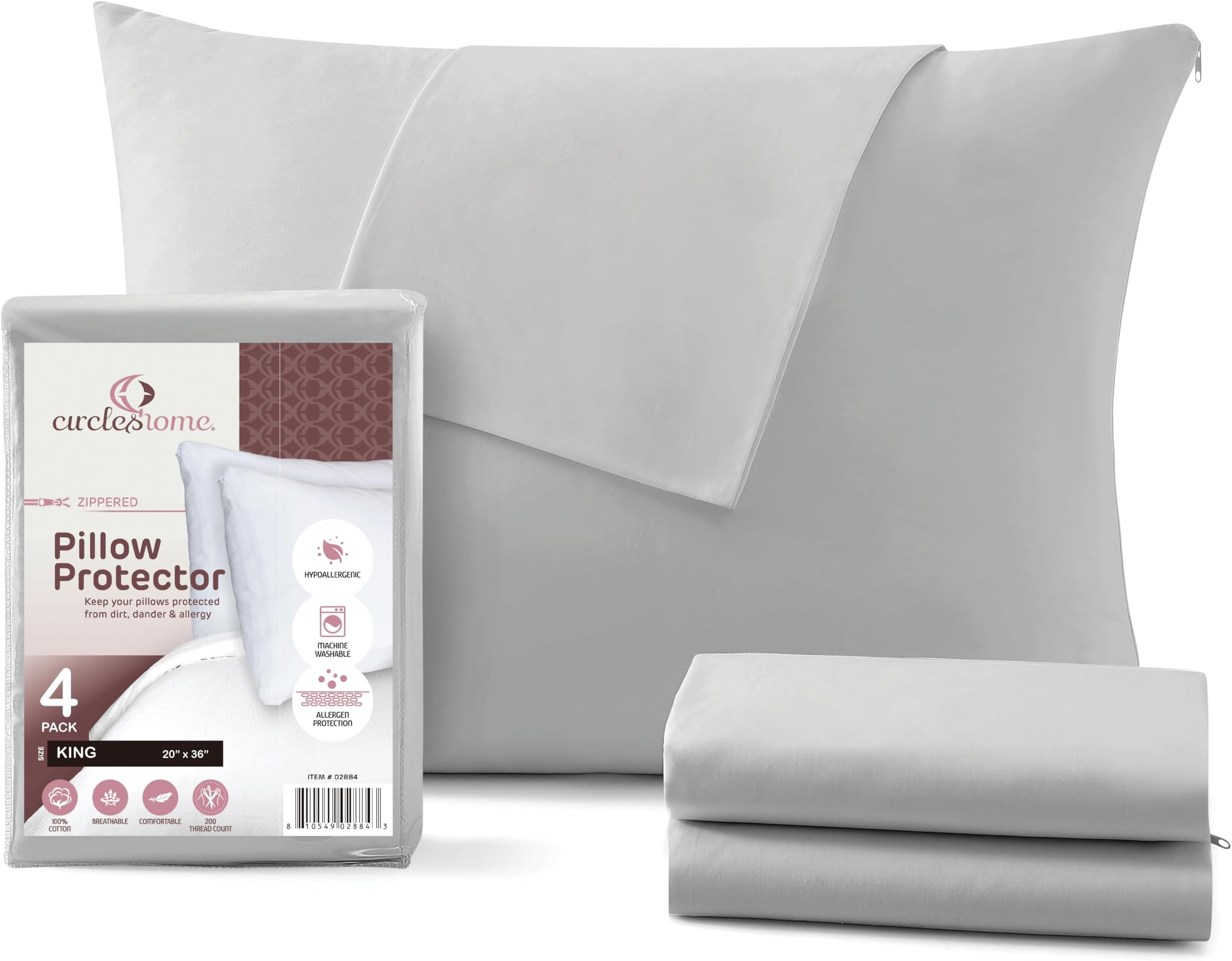 CirclesHome Pillow Protectors 4 Pack King Zippered - 100% Cotton Breathable Pillowcases - Protects Pillows from Dirt, Dust and Debris (King - Set of 4 - 20x36)