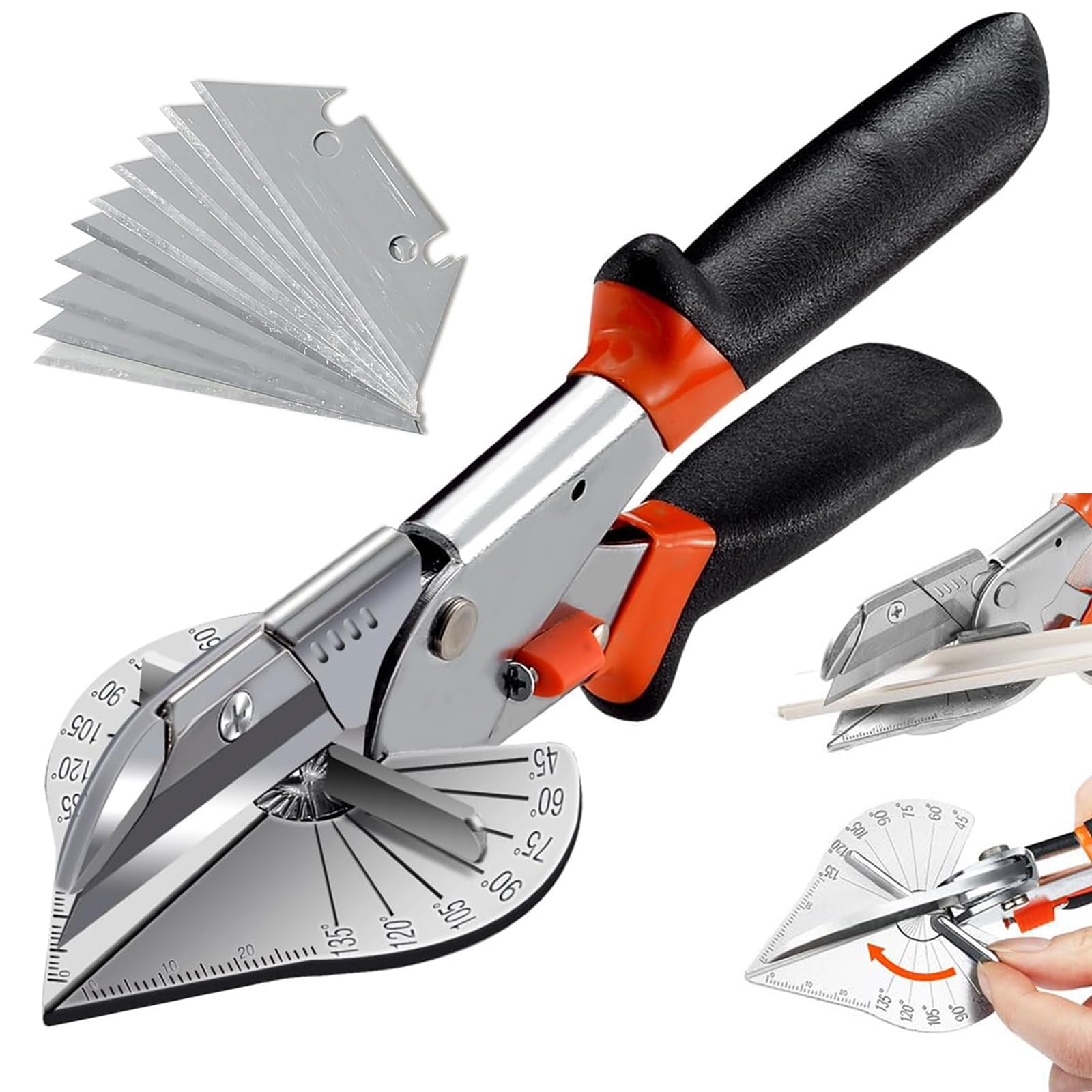 Cortador de Inglete, Tijeras de Inglete Ajustables de 45 a 135 Grados, Tijeras Ingletadoras Incluidas 10 Cuchillas de Repuesto, Cortador con Manejar Ergonómicas para Cortar Madera, PVC