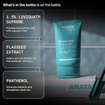 Arata All-Natural Hair Gel For Studio Styling, Shaping & Nourishment | Wet Strong-Hold Look For Men and Women | Ayurvedic Extracts Of Organic Flaxseed & Olive Oil - 5 Fl Oz
