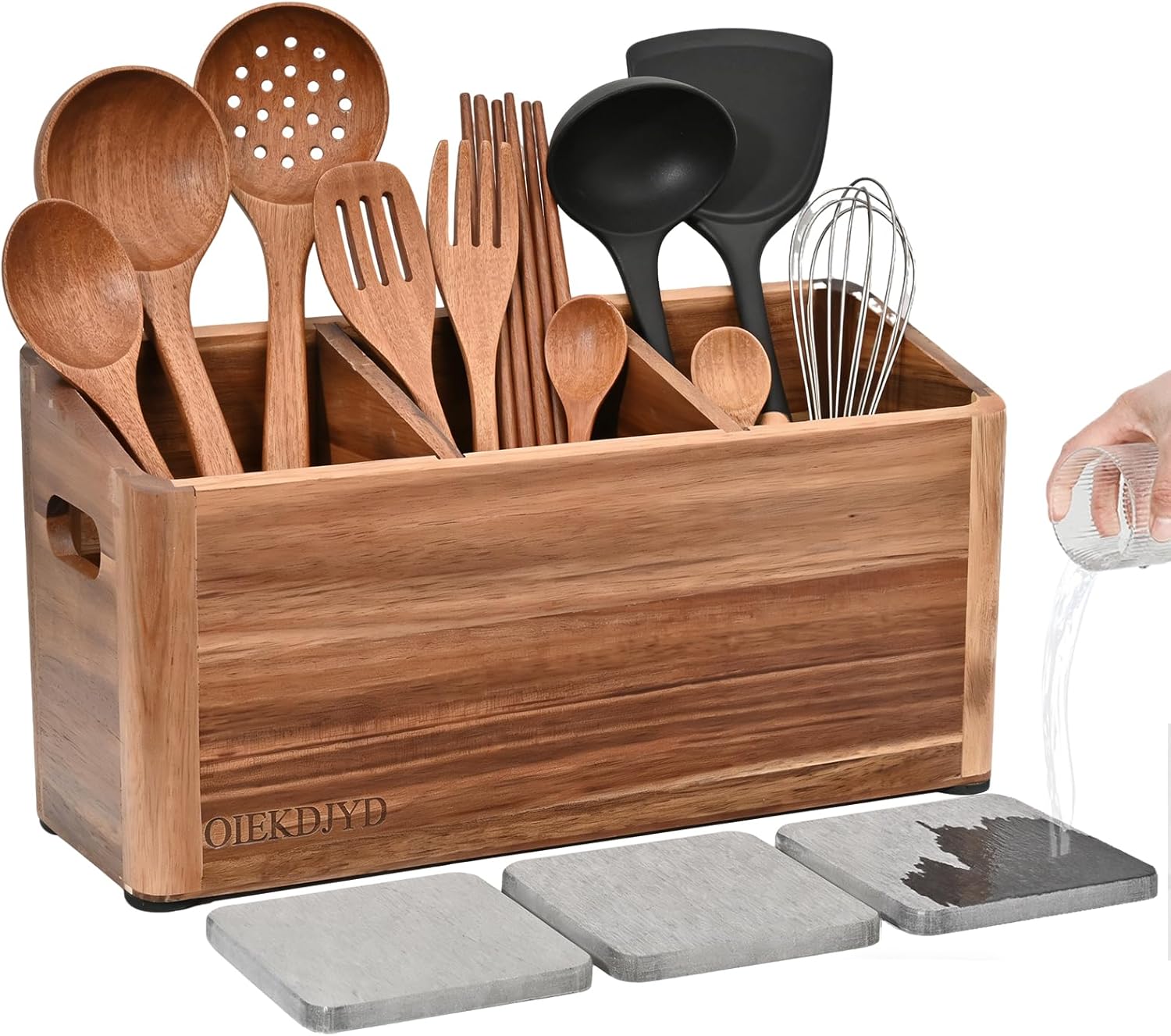 Wooden Utensil Holder for Kitchen Counter - Large Utensil Organizer with 3 Compartment, Cooking Tool Crock & Farmhouse Kitchen Accessories