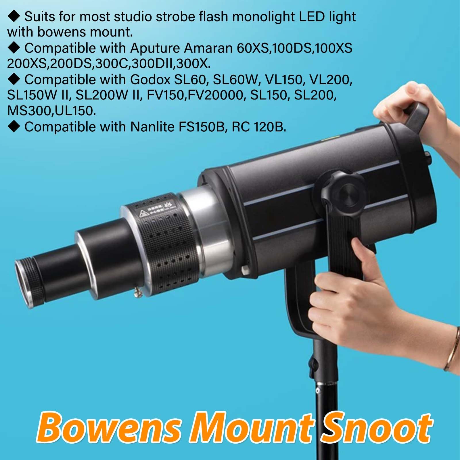 Snoot Optique Convient pour Bowens Mount, Condenseur avec 35 Gobos et 5 Filtres de Couleur, Snoot Optique pour Aputure Amaran 100DS 100XS 200DS, Godox SL60 VL150, Nanlite FS150B etc.