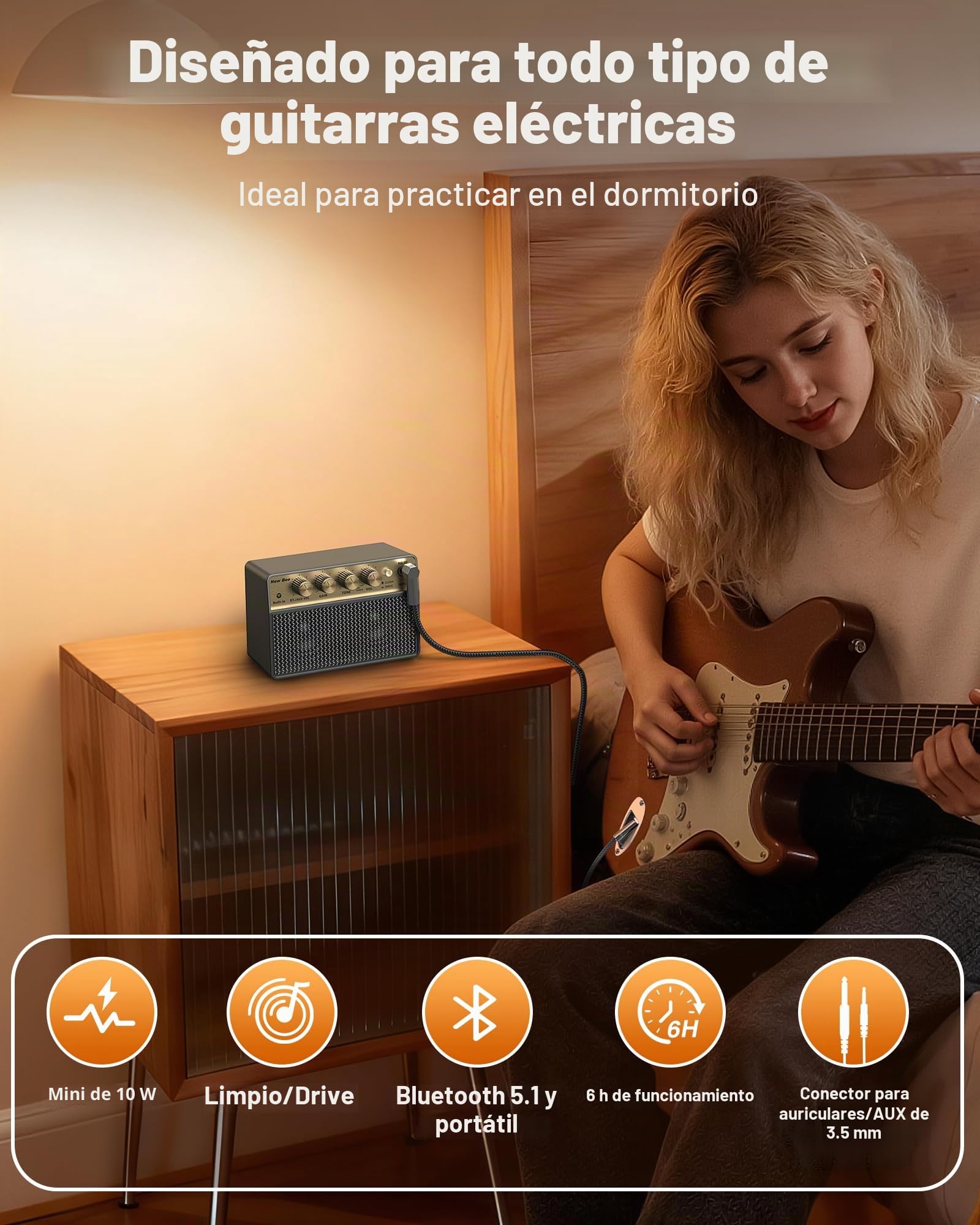 Amplificador Guitarra Electrica Mini Amplificador de Guitarra 10W Portátil Recargable Salida de Auriculares y Bluetooth 5.1, Sonido Limpio y Overdrive para Guitarra Acústica