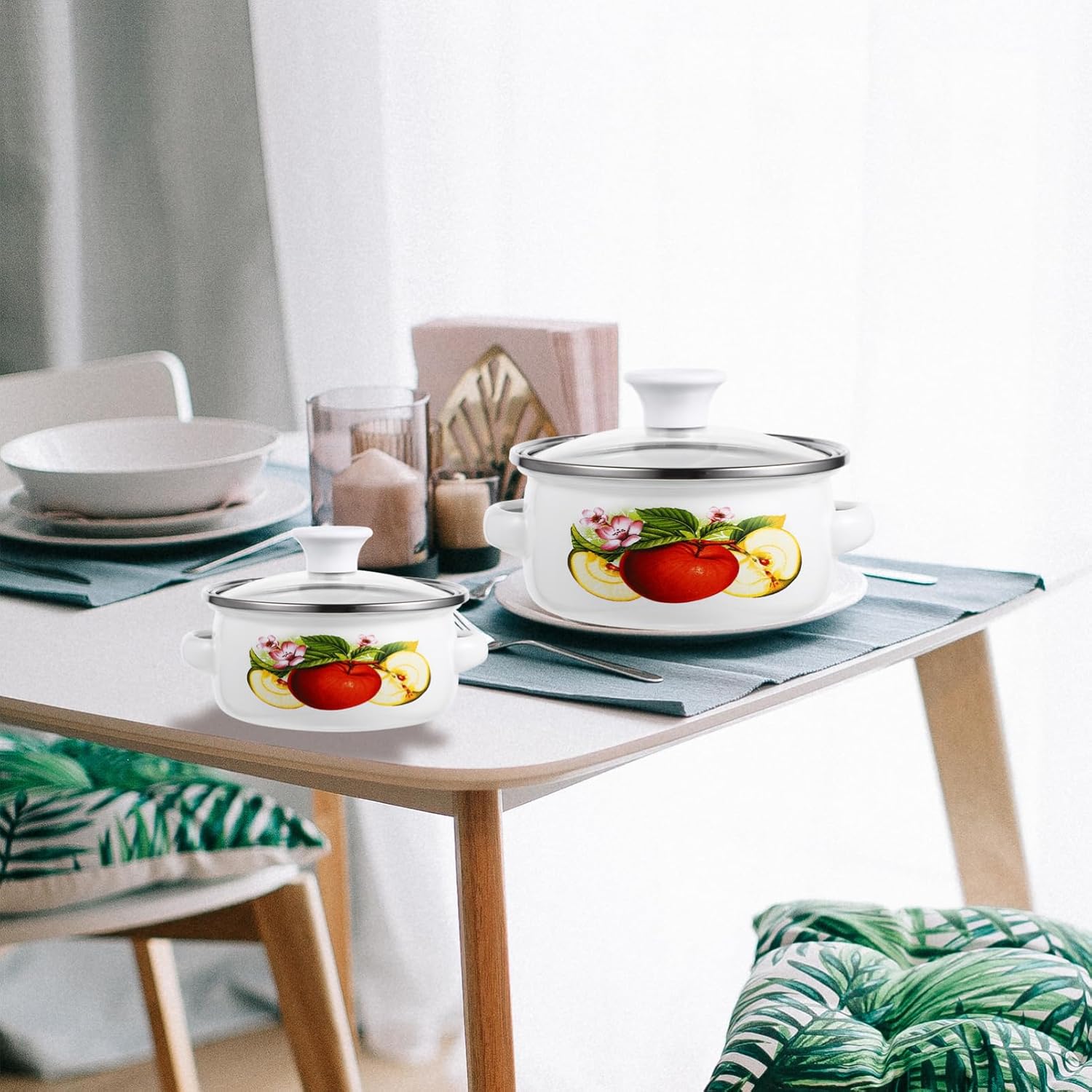 Mini Enamel Soup Pot Set 3-Piece Flat Bottom Stockpots with Handles for Cooking Stew Noodles Milk on Electric and Induction Stoves