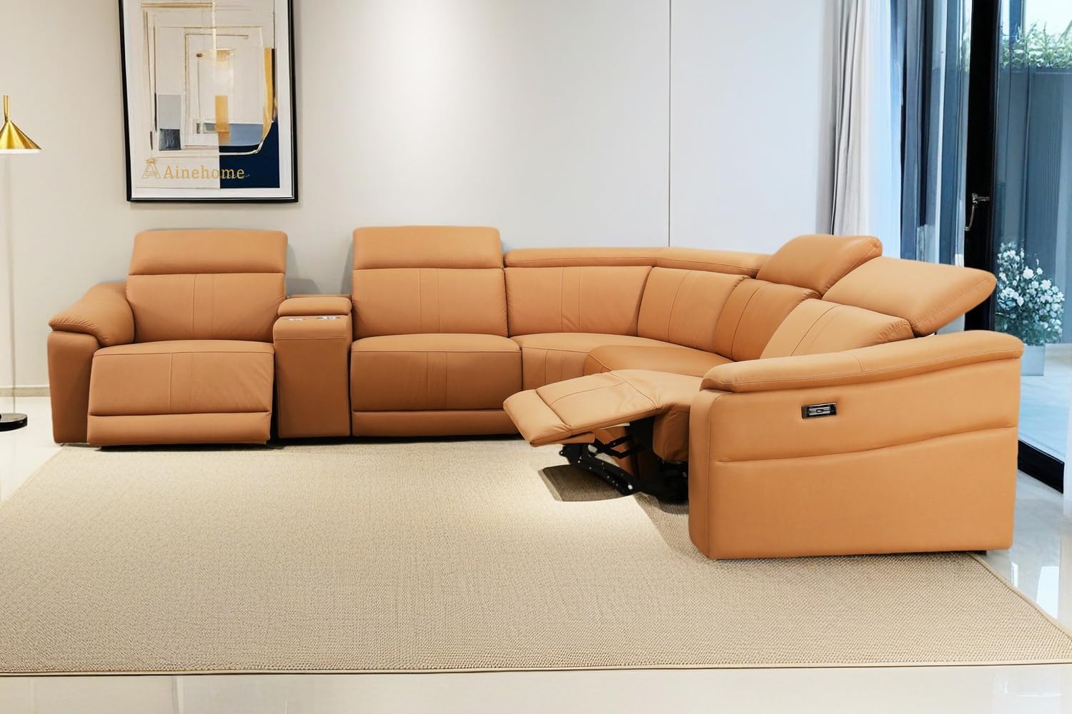 A Ainehome Power Recliner Sectional Sofa Set, Ginger Leather Sectional Couches for Living Room, Leather Reclining Sectional, 5 Seats L Shaped Couch with Console/Adjustable Headrests/Cup Holder