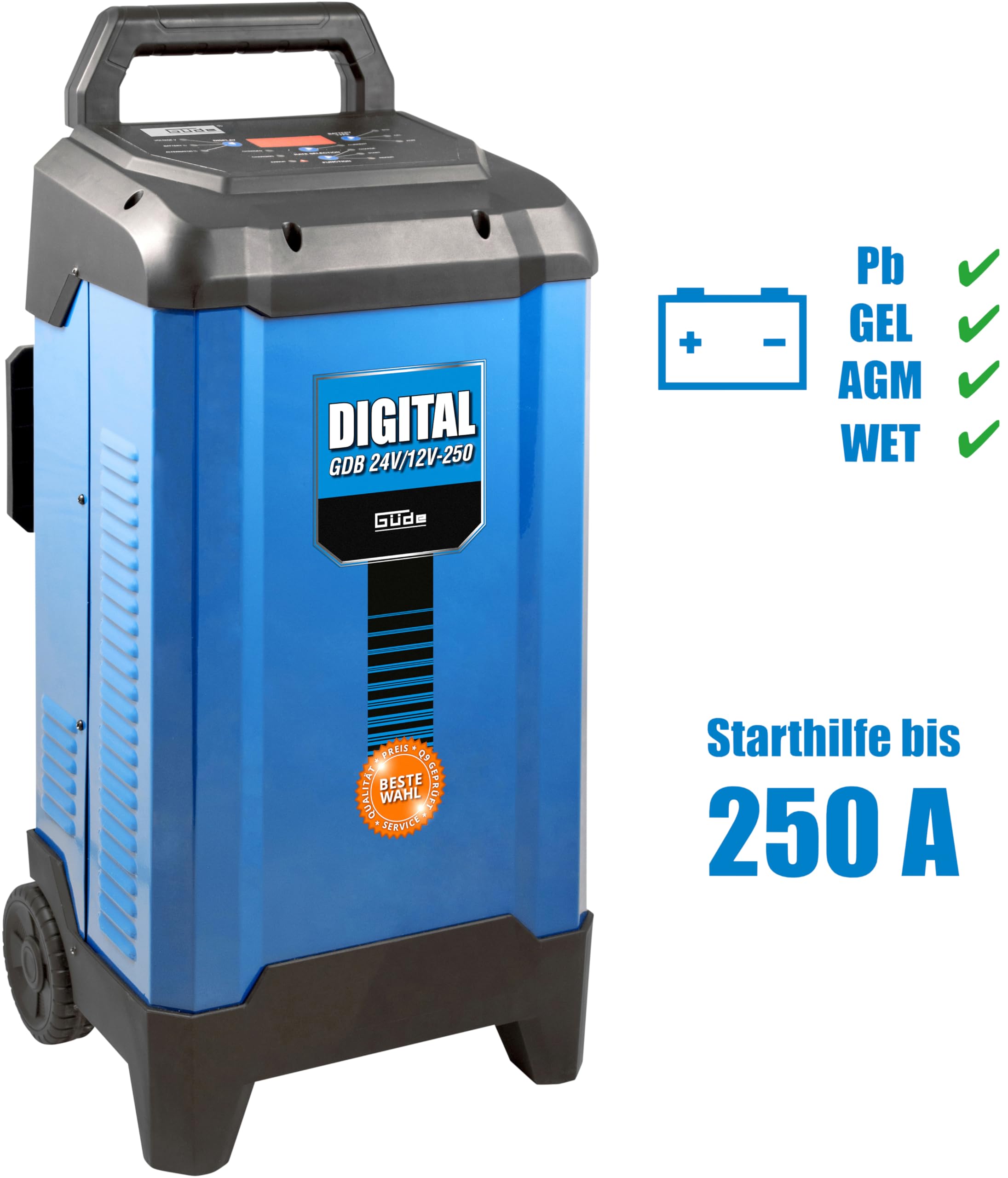 Güde Batterielader Digital GDB 24V/12V-250 (Inverter KFZ-Ladegerät, für 12V/24V Batterien, 20-550 Ah, LED-Anzeige, Starthilfefunktion, Rettungsfunktion, Erhaltungsladegerät, vollautomatisch, 2 Rollen)