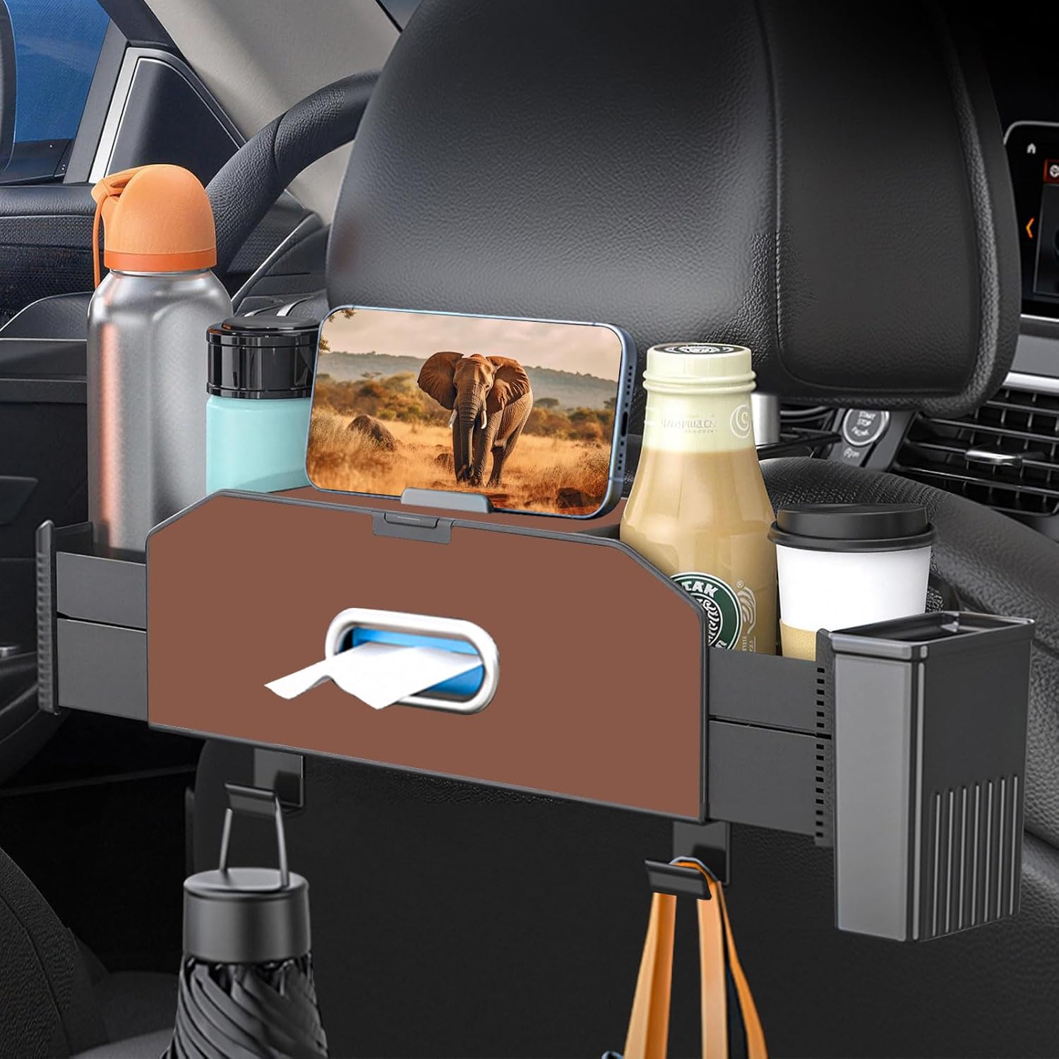 Back Seat Car Organizer,5 in 1 Multifunctional Car Backseat Storage Box with Trash Can Drink Cup Holder Tissue Box, for Hold Phone,Snacks, Drinks, Handbag-Black