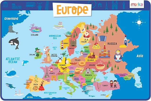 merka Kids Placemats Educational Placemat Non Slip Reusable Plastic Europe Map EU Countries
