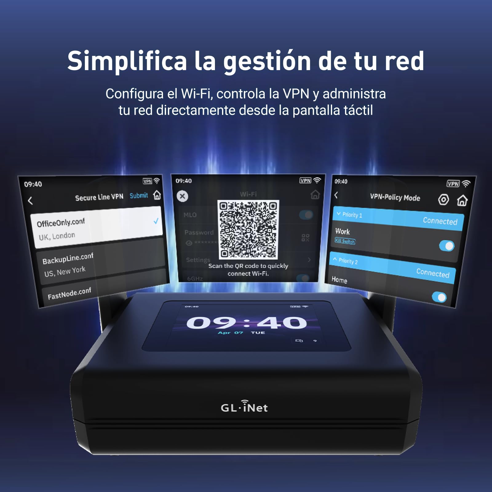 GL.iNet Slate 7 Pro (GL-BE10000) – Router Viaje Wi-Fi 7: 6 GHz (5,7 Gbps), Pantalla 2,8", WireGuard (1,1 Gbps), dpi, 2 Puertos 2.5G, OpenWrt – Ideal para viajeros y nómadas Digitales