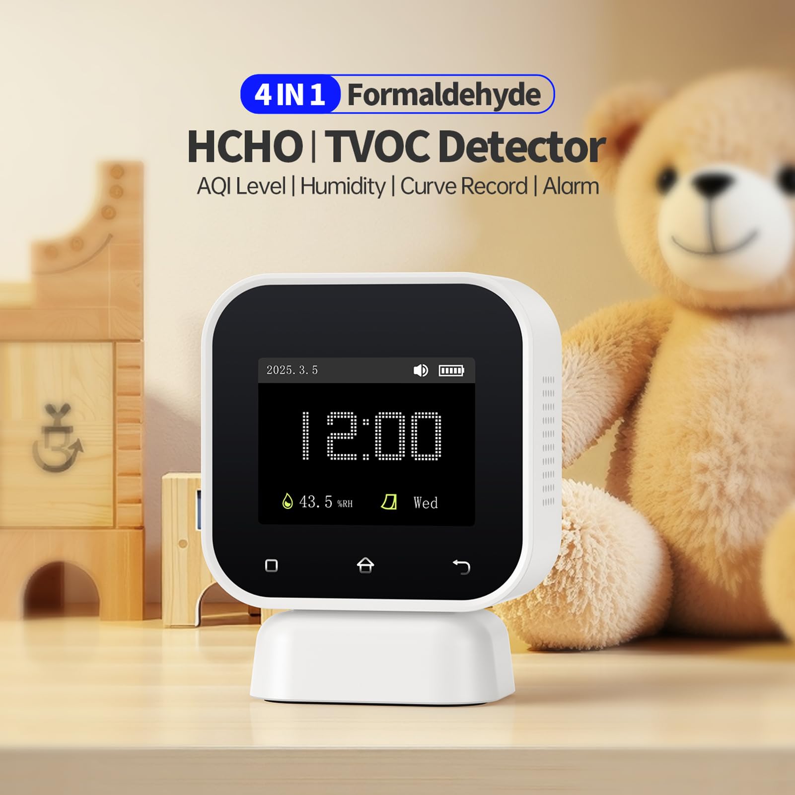 Medidor calidad aire formaldehído 5 en 1 air quality monitor Medición simultánea de HCHO y TVOC, la humedad del aire y la evaluación de riesgos, pantalla táctil 2,4", alerta automática.