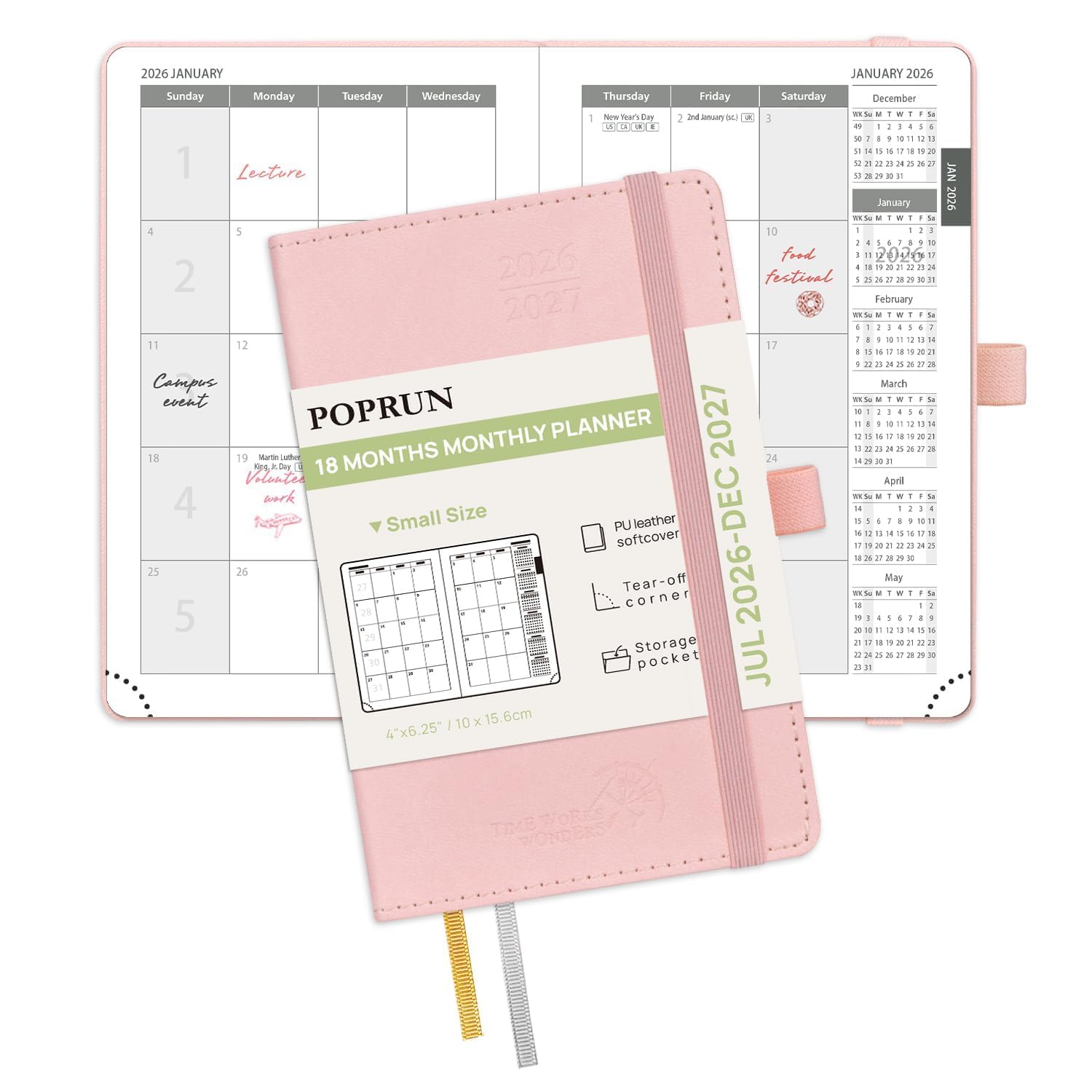 POPRUN Month to View Diary 2026-2027 A6 (16x10.5cm) Pocket (18-Month: Jul'26 - Dec'27) Monthly Planner Soft Cover Small 26/27 Diary, Sunday Start(Pink) — image 1