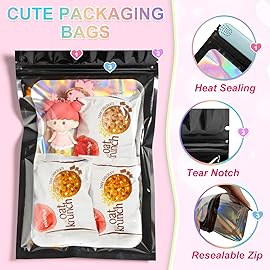100 Pack Holographic Bags, Smell Proof Packaging Bags, Clear Window Resealable Odor Foil Pouch Mylar Bag for Food Storage and Lipgloss, Jewelry Lash(Black, 6.3 x 9.4 Inch)