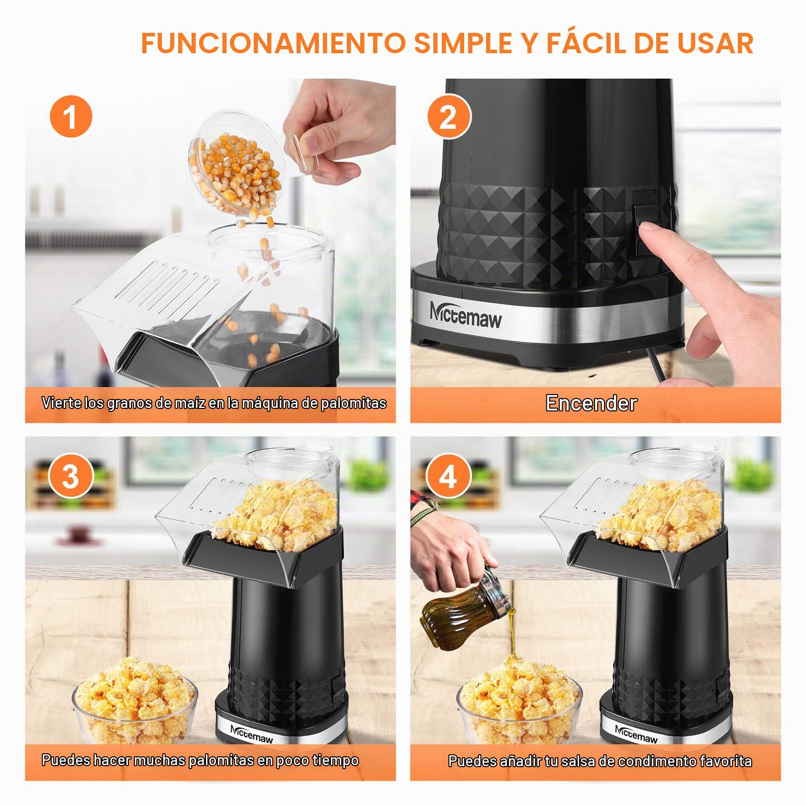 Máquina de palomitas de maíz de 1200 W, aire caliente, para el hogar, diseño de calibre ancho, con vaso medidor y tapa extraíble, sin BPA negro