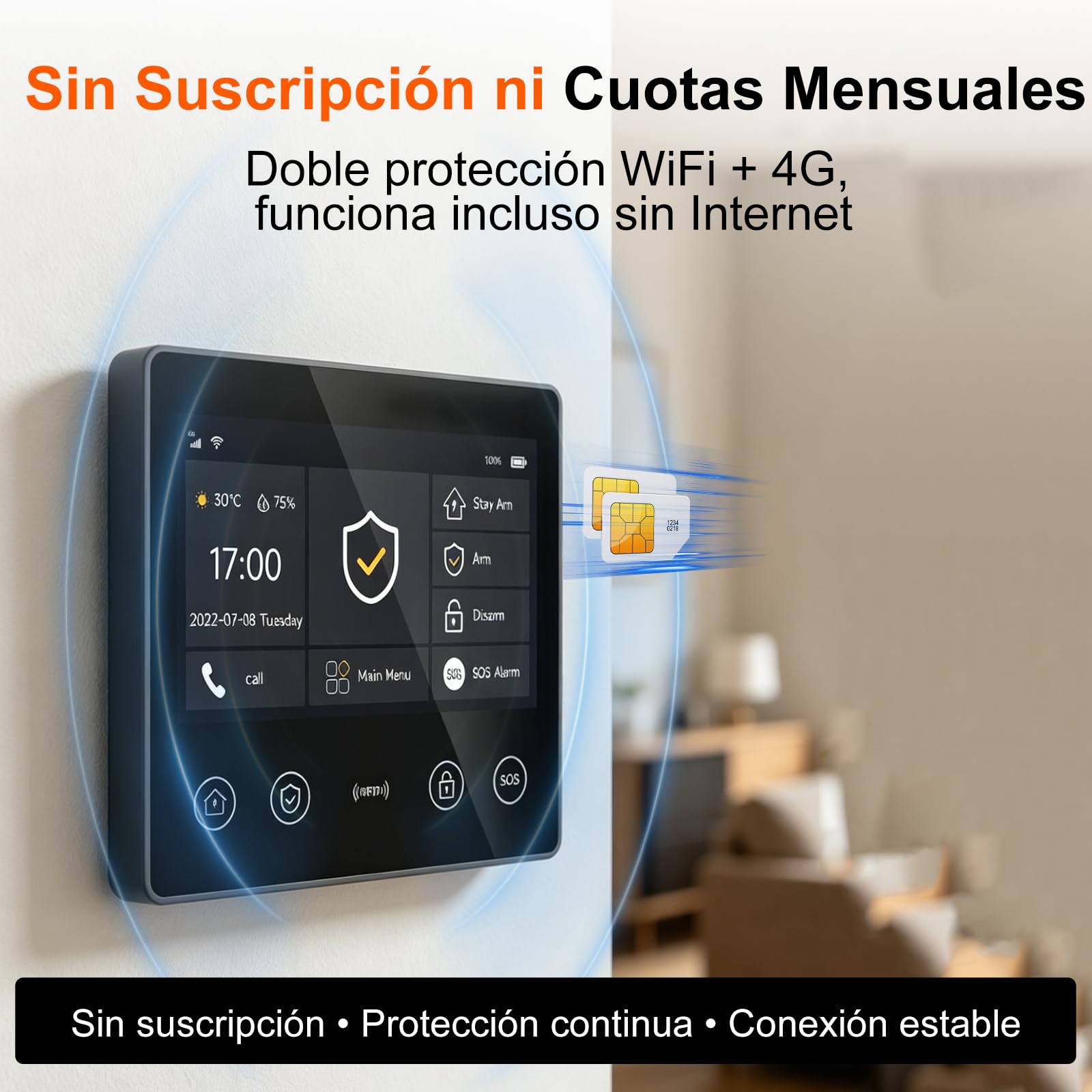 XUK Alarmas para Casa 4G + WiFi, Kit Alarma Casa Sin Cuotas ni Suscripción | Pantalla táctil de 4,3", detectores de apertura y movimiento incluidos, app Tuya Smart, compatible con Alexa y Google