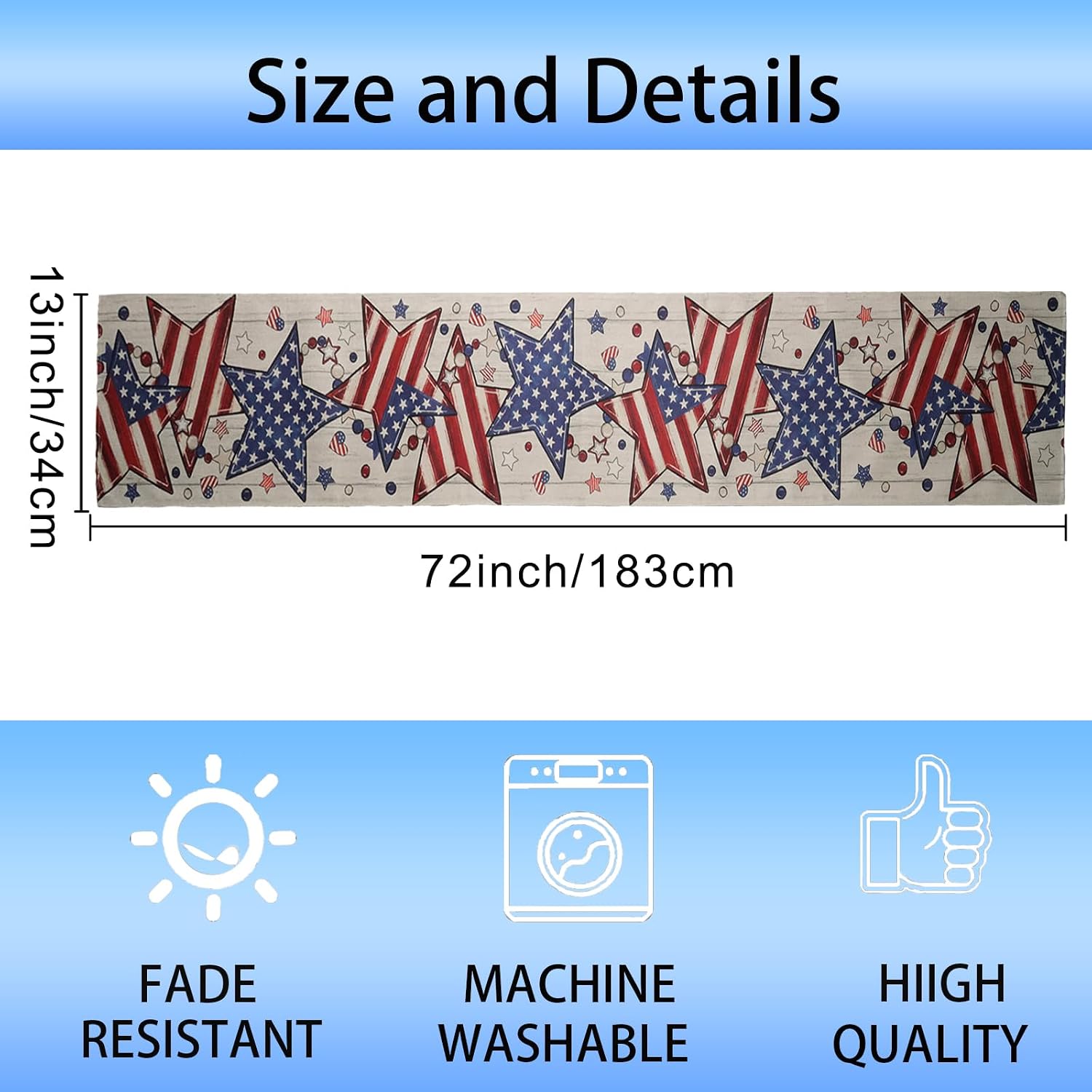 Patriotic Table Runner Decor,4th of July Independence Day Retro American Flag Summer Table Runner Seasonal Memorial Day Holiday Kitchen Dining Table Decorations for Home Party Decor 13 x 72 Inch