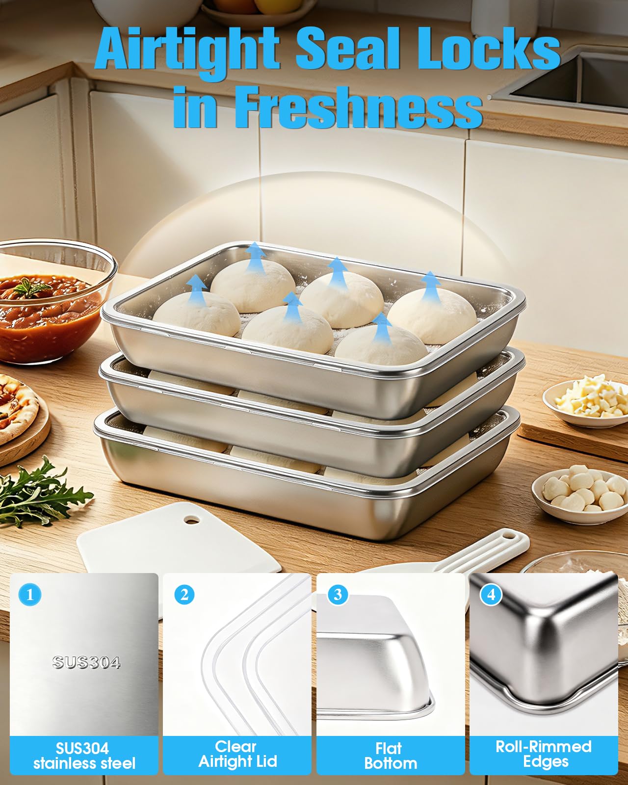 Pizzaballenbox Edelstahl mit Deckel, 3er-Set Pizzaballenbox Edelstahl 304