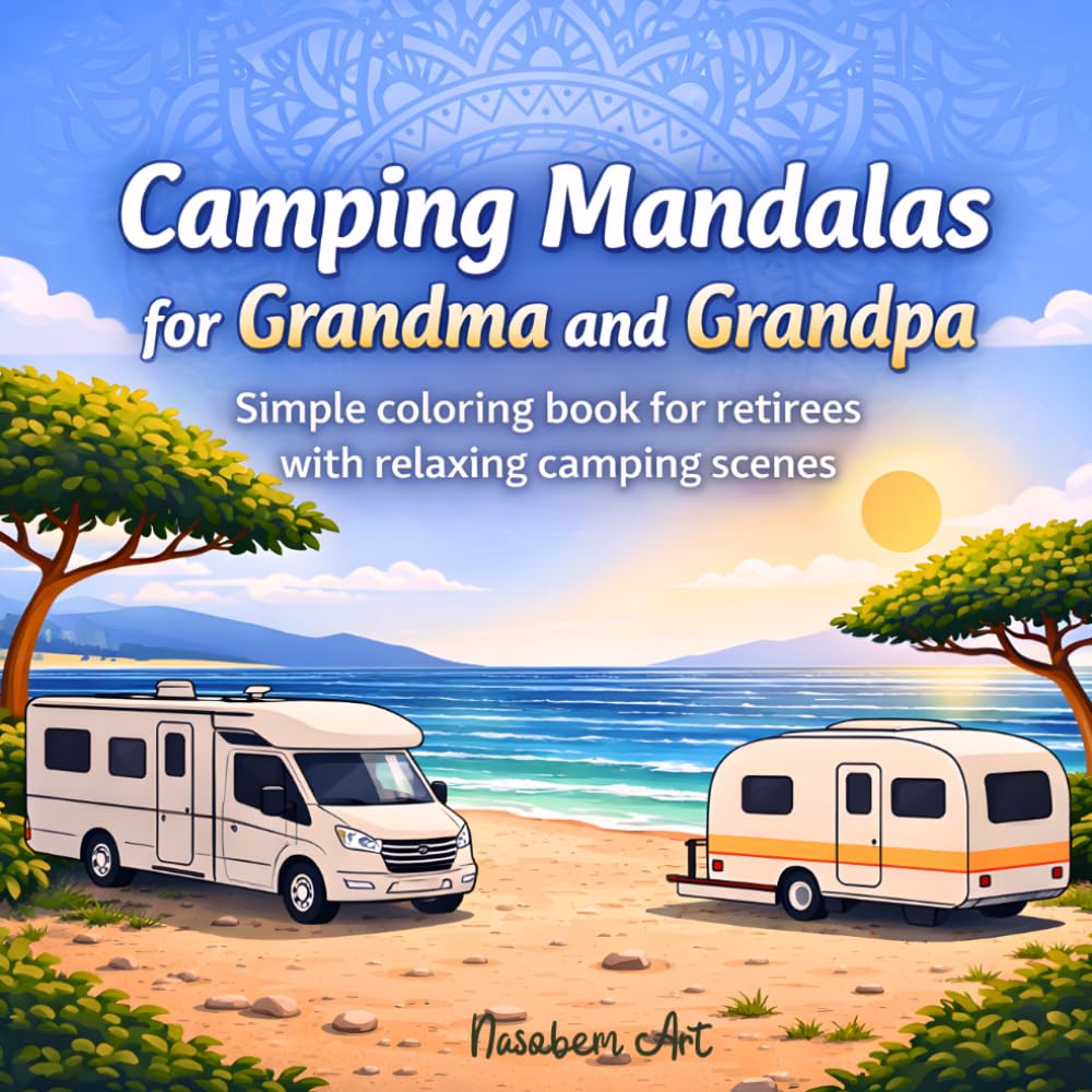 Camping Mandalas for Grandma and Grandpa: Easy Senior Coloring Book for Retirees with Relaxing Camping Pages, RV Life, Travel Trailers, Beach Scenes and Vacation Motifs