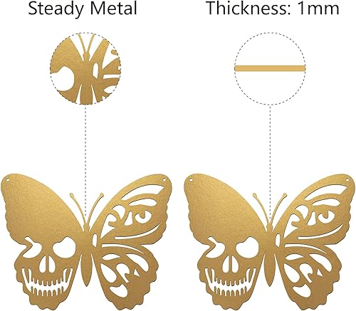 Miniatura 3 de CREATCABIN Arte de pared de metal de calavera para decoración de mariposa, placas colgantes de pared, adornos de hierro, arte de pared, letrero de