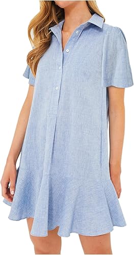 YEXPINE Women's Button Down Shirt Dress Summer Casual Short Sleeve Cotton Linen 