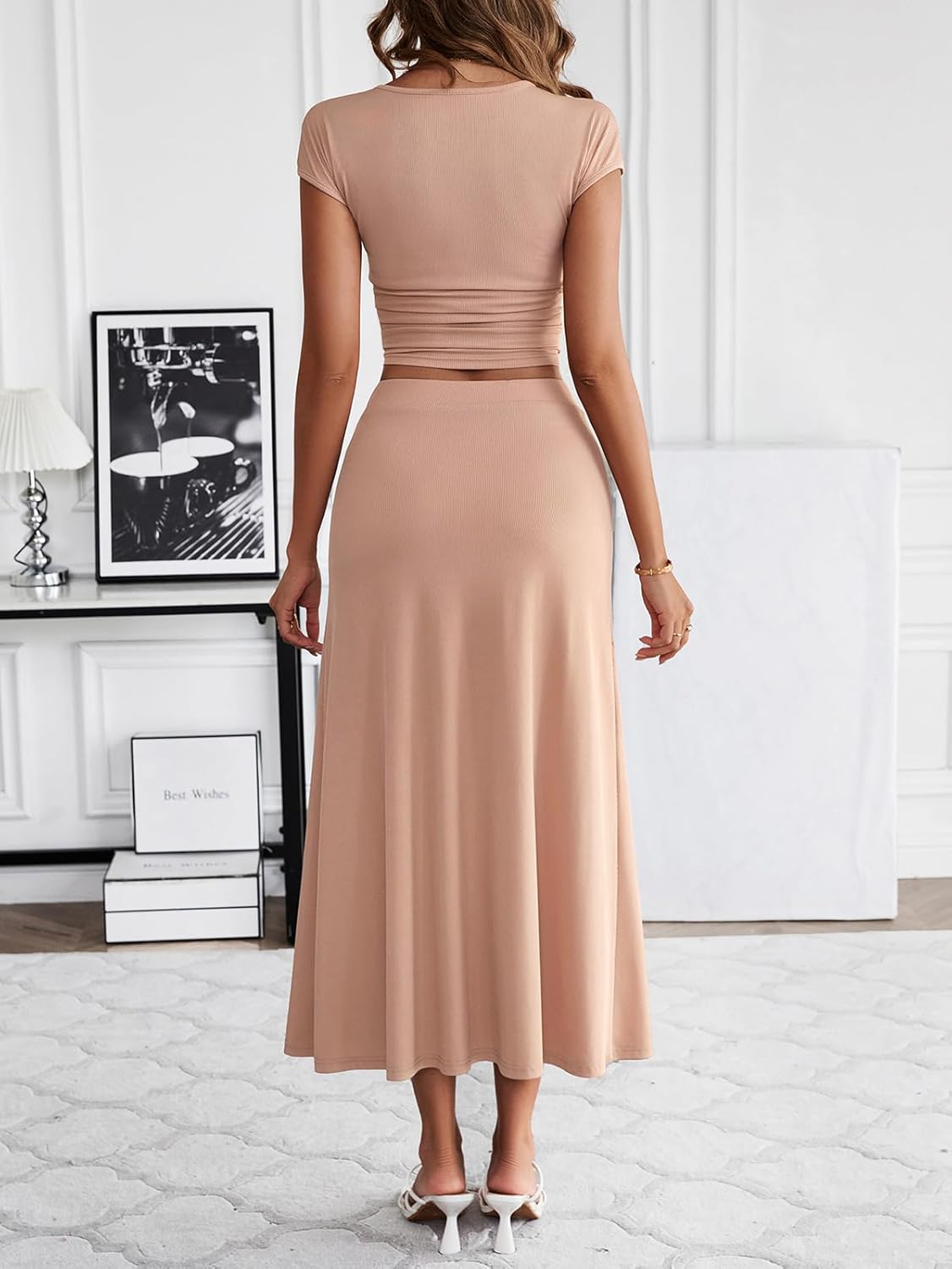 HELYO Women's Casual Sets 2 Piece Outfits Summer Dressy Cap Sleeve V Neck Crop Top High Waist Midi Skirt Set 637 - Image 2