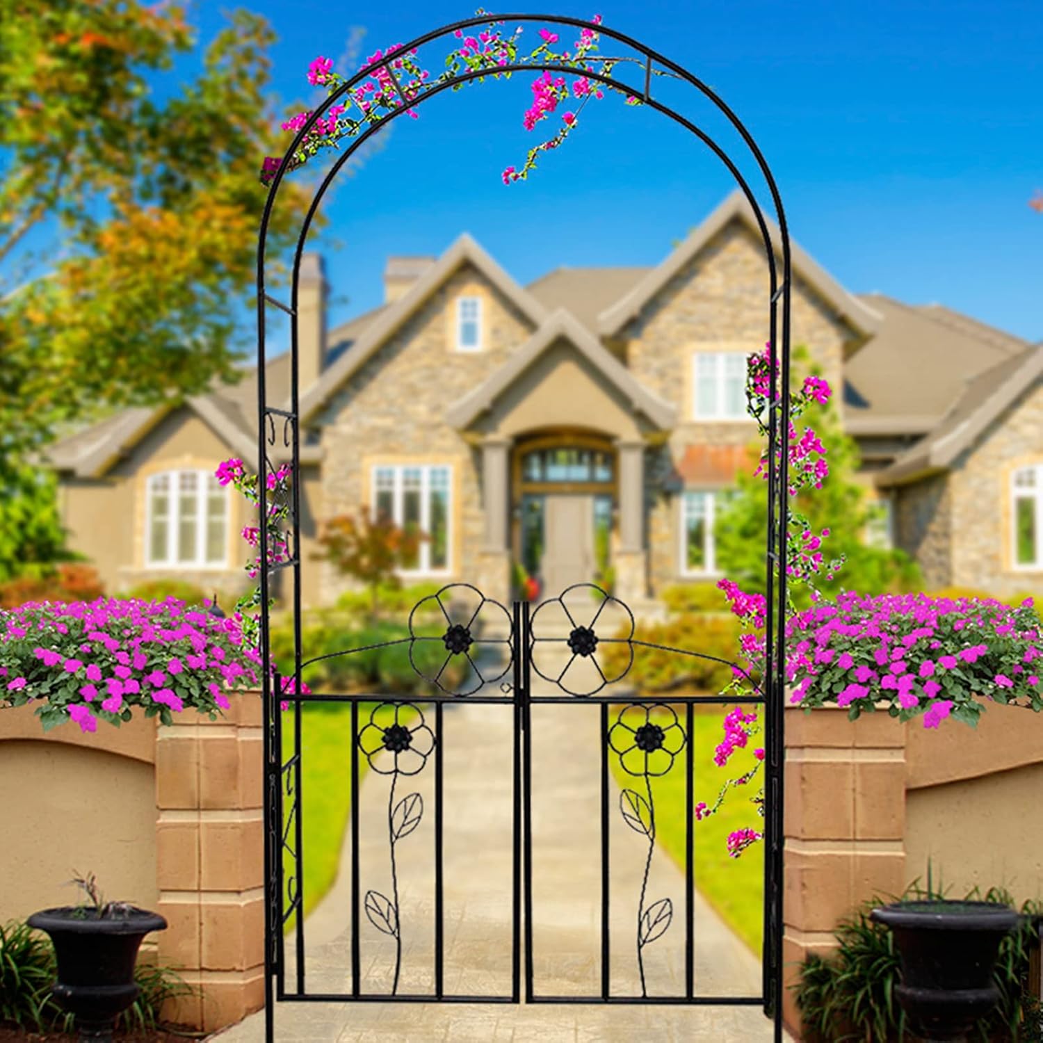 Rose Arches,Garden Arch with Door,Climbing Aids,Lattice Climbing Arch,Arbor Archway,Suitable for Climbing Plants/Outdoor/Garden/Lawn/Garden/Terrace,Black,114 * 37 * 230 Cm