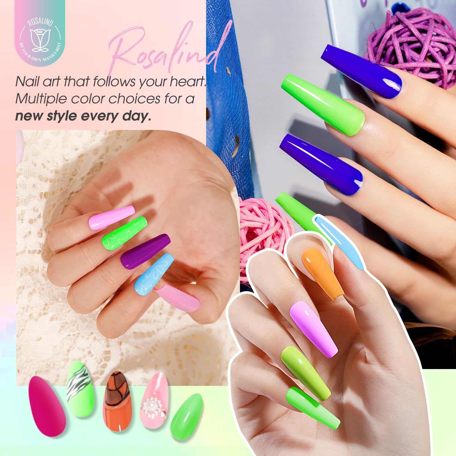 ROSALIND Smalto Semipermanente Unghie, 12 Colori Smalti Semipermanenti Colori Verde Giallo Arancione Blu Rosa Viola Rosso, Soak Off Mini UV/LED Smalto Gel Unghie Manicure Primavera Estate