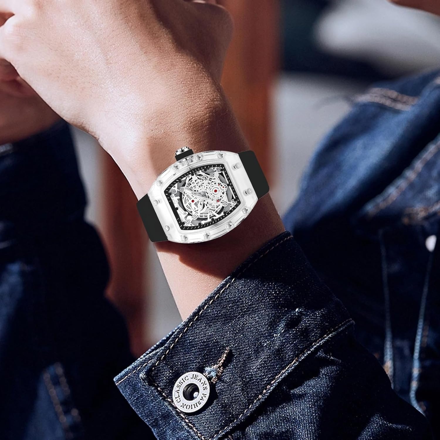 Unique Hollowed Skeleton Analog, Watches for Men Fashion Tonneau Water Resistant, Sports Transparent Business Silicone Strap with Shock Resistant — view 2