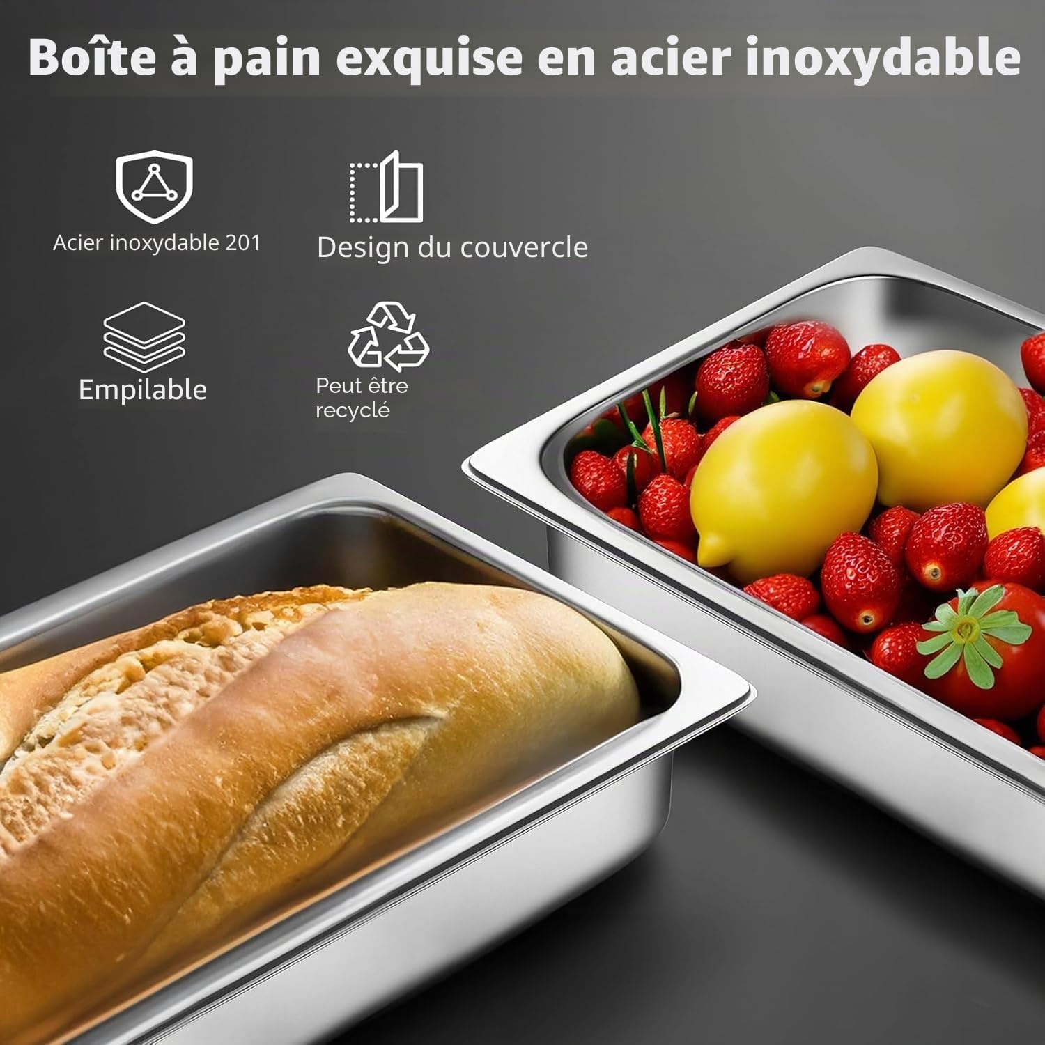 Lot de 3 Plat Inox avec Couvercle, GN 1/2 Bac avec Couvercle, 32,5 x 26,5 x 6,5 cm Bac Alimentaire Inox pour des Fours à Convection, des Chafing Dishes, des Réfrigérateurs