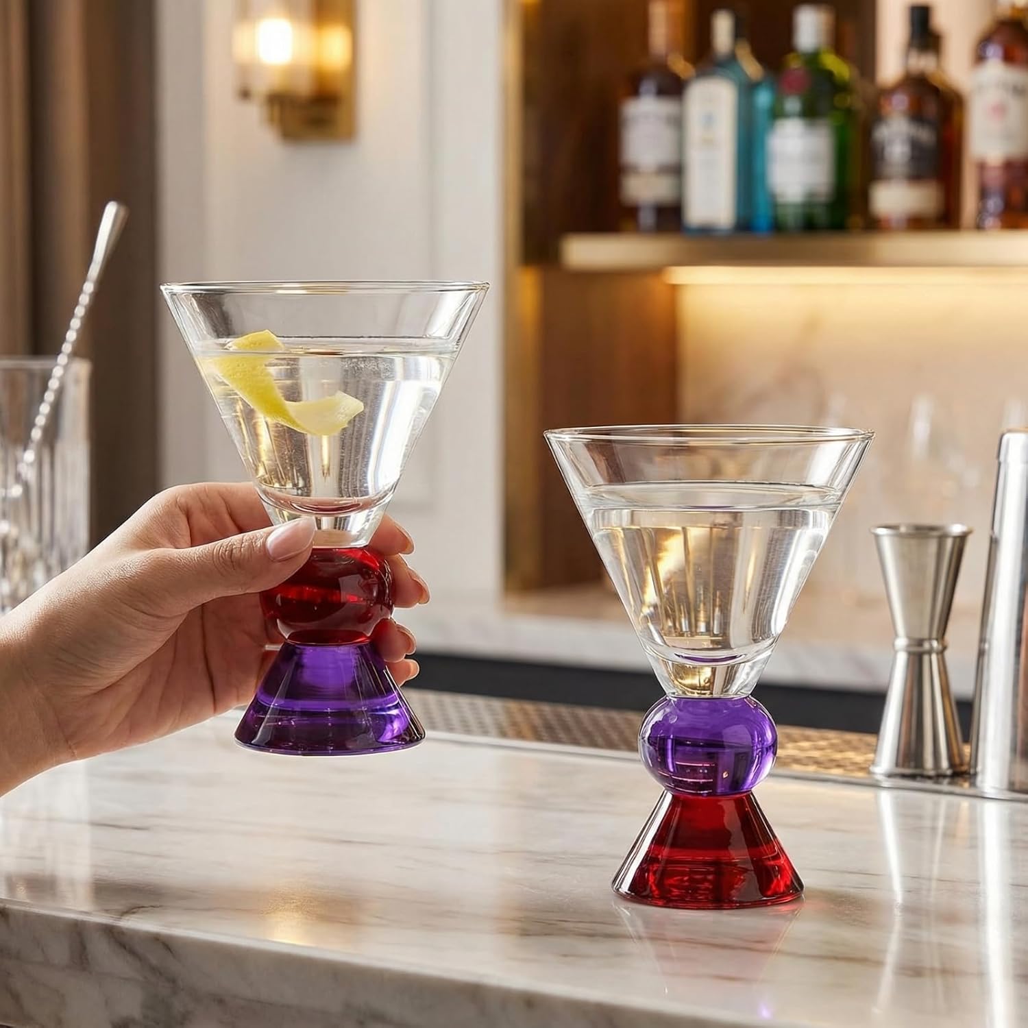 Khen Stemless Martini Ritual Glassware, Set of 2, 5oz Clear Borosilicate Cocktail Cups with Blue and Red Colored Bases for Vodka Gin Mixology, Modern Minimalist Home Bar Entertaining Gift