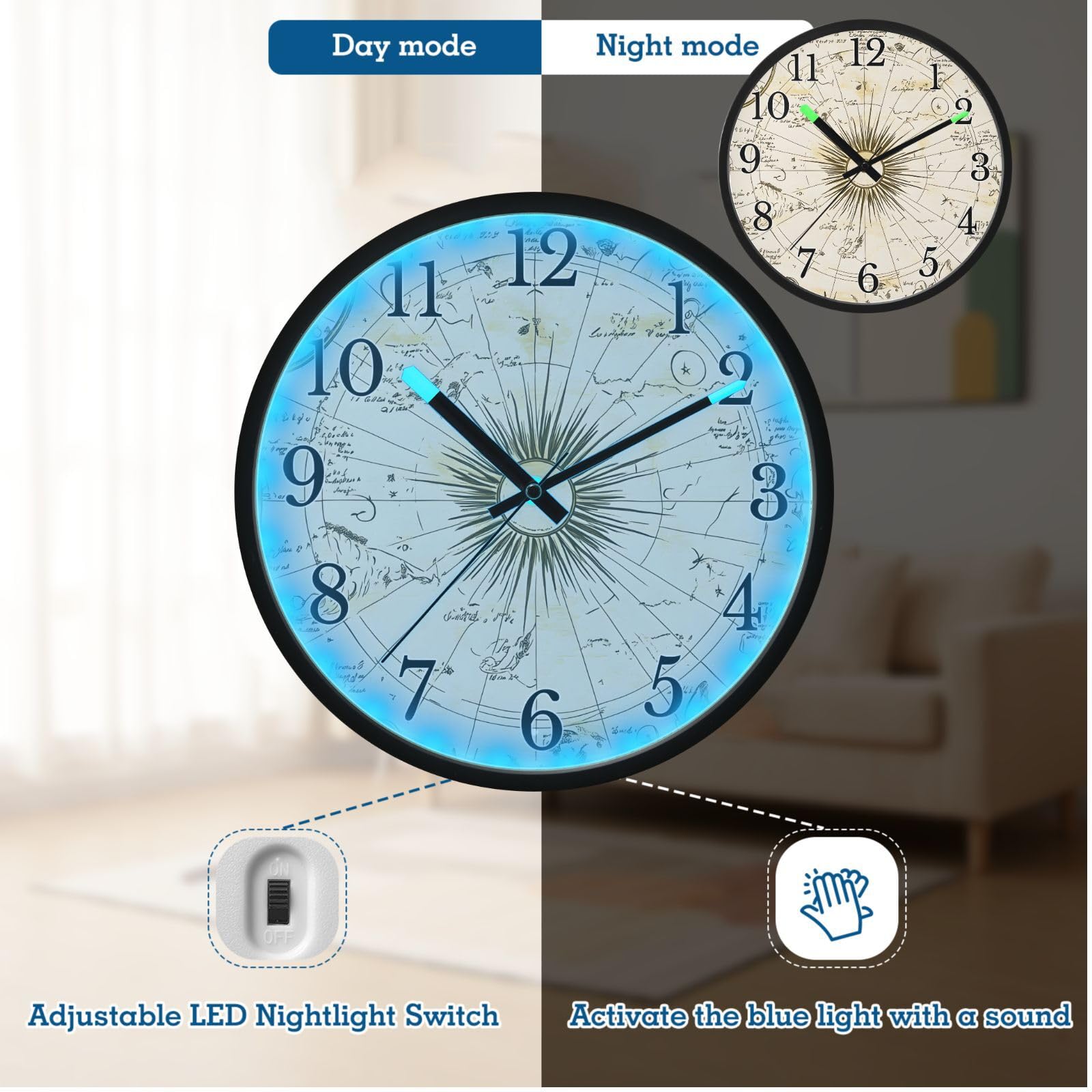 Mnsruu Reloj de pared con diagrama de galaxia solar, reloj luminoso para dormitorio, funciona con pilas, reloj silencioso que brilla en la oscuridad, para sala de estar, cocina, 12 pulgadas