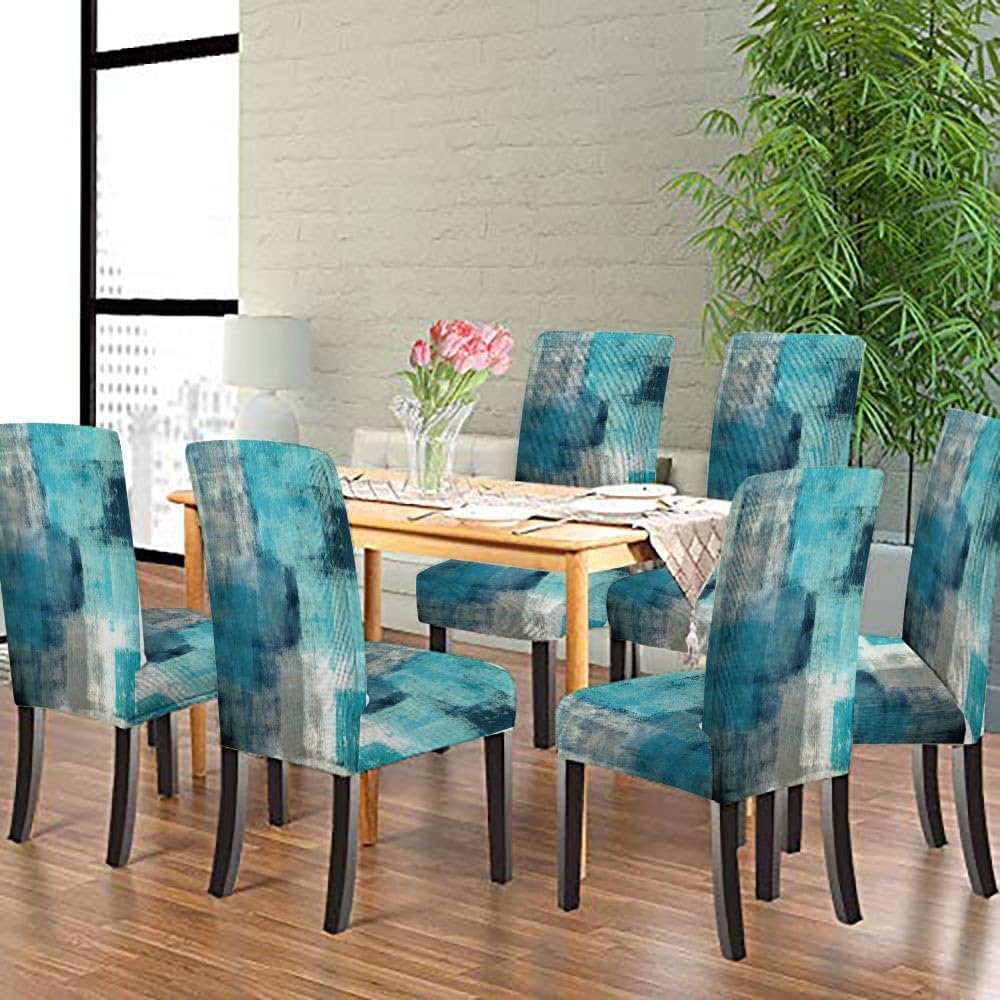 TOMWISH Dining Chair Covers Set of 6, Turquoise and Grey Teal Stretch Chair Covers Washable Spandex Parsons-Chair-Slipcovers Removable Seat Protector for Living Room Kitchen Dining Desk Party Office