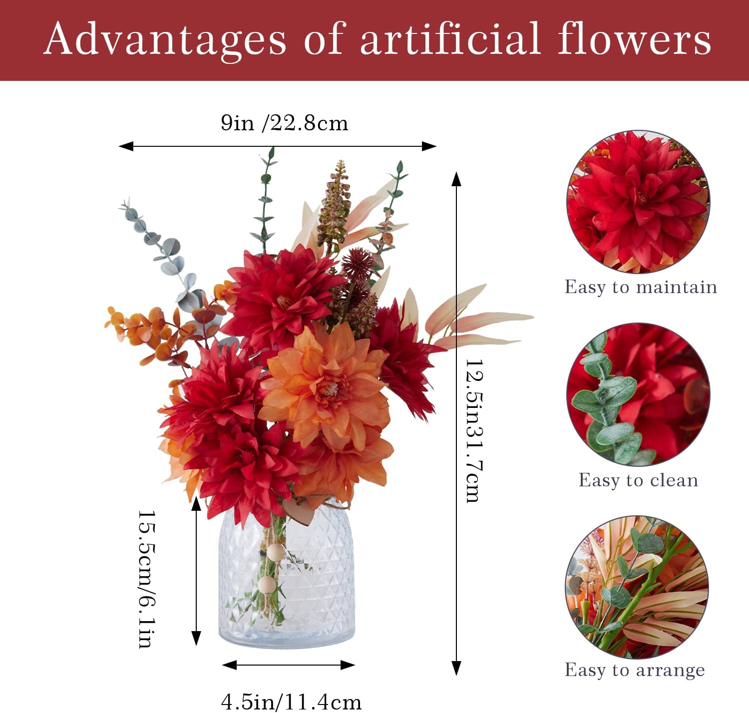Fake Flowers with Vase, Faux Flowers in Vase, Red Silk tassel Flower Artificial Flowers bulk Arrangements for Home Decor for Living Room Bathroom Office Table Centerpiece Shelf Decoration