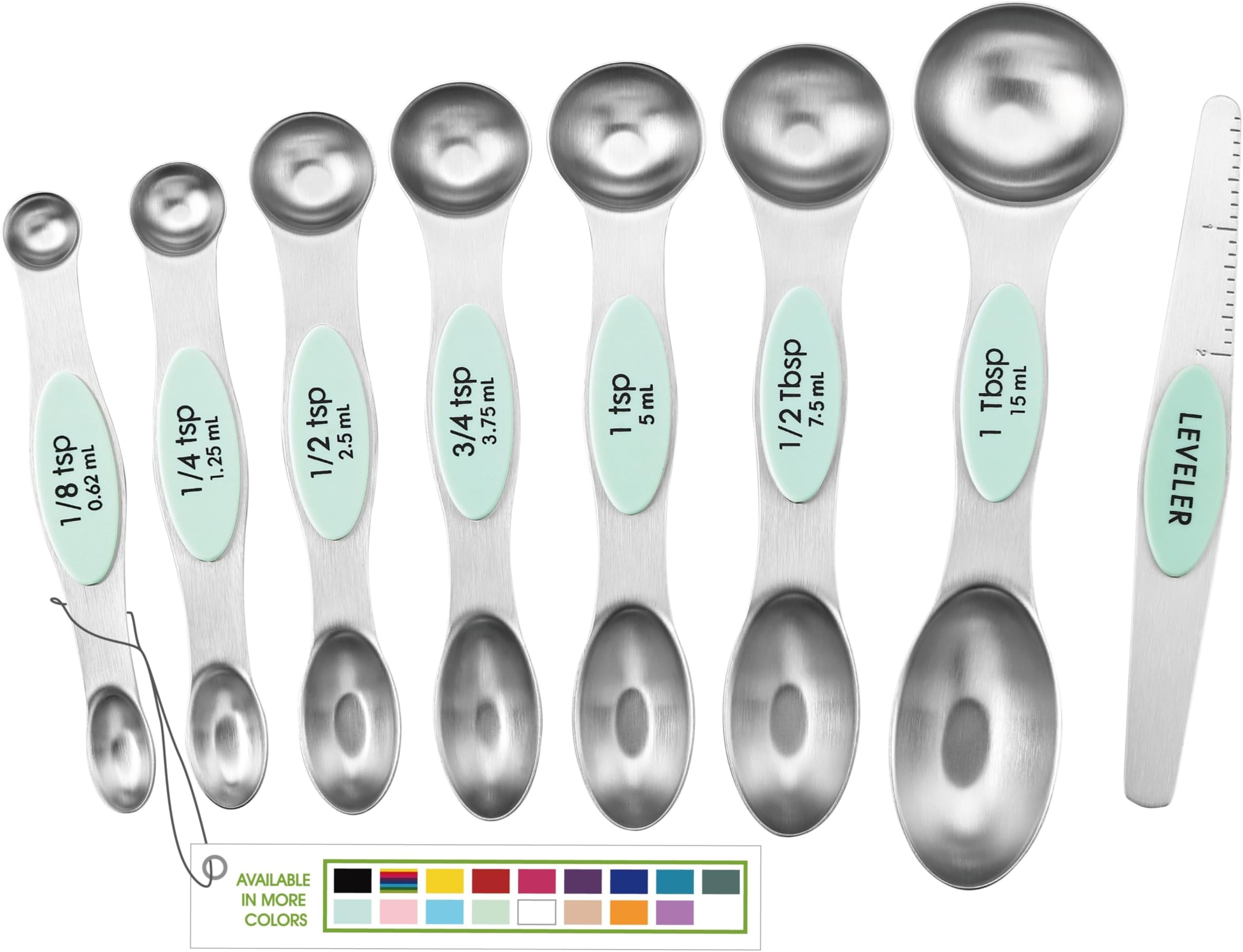 Spring Chef Stainless Steel Magnetic Measuring Spoons Set of 8 with Leveler, Nesting Metal Teaspoon & Tablespoon Measuring Spoons, Kitchen Gadgets for Baking & Cooking, Fits in Spice Jars - Mint