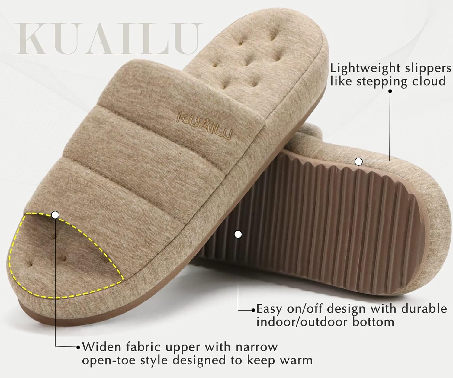 KuaiLu Men's Fashion Quilted Cotton-blend Fabric Sandal Slippers Cozy Memory Foam Indoor/Outdoor House Shoes with Lightweight Soft Cushion Footbed Hard Rubber Sole - Image 5