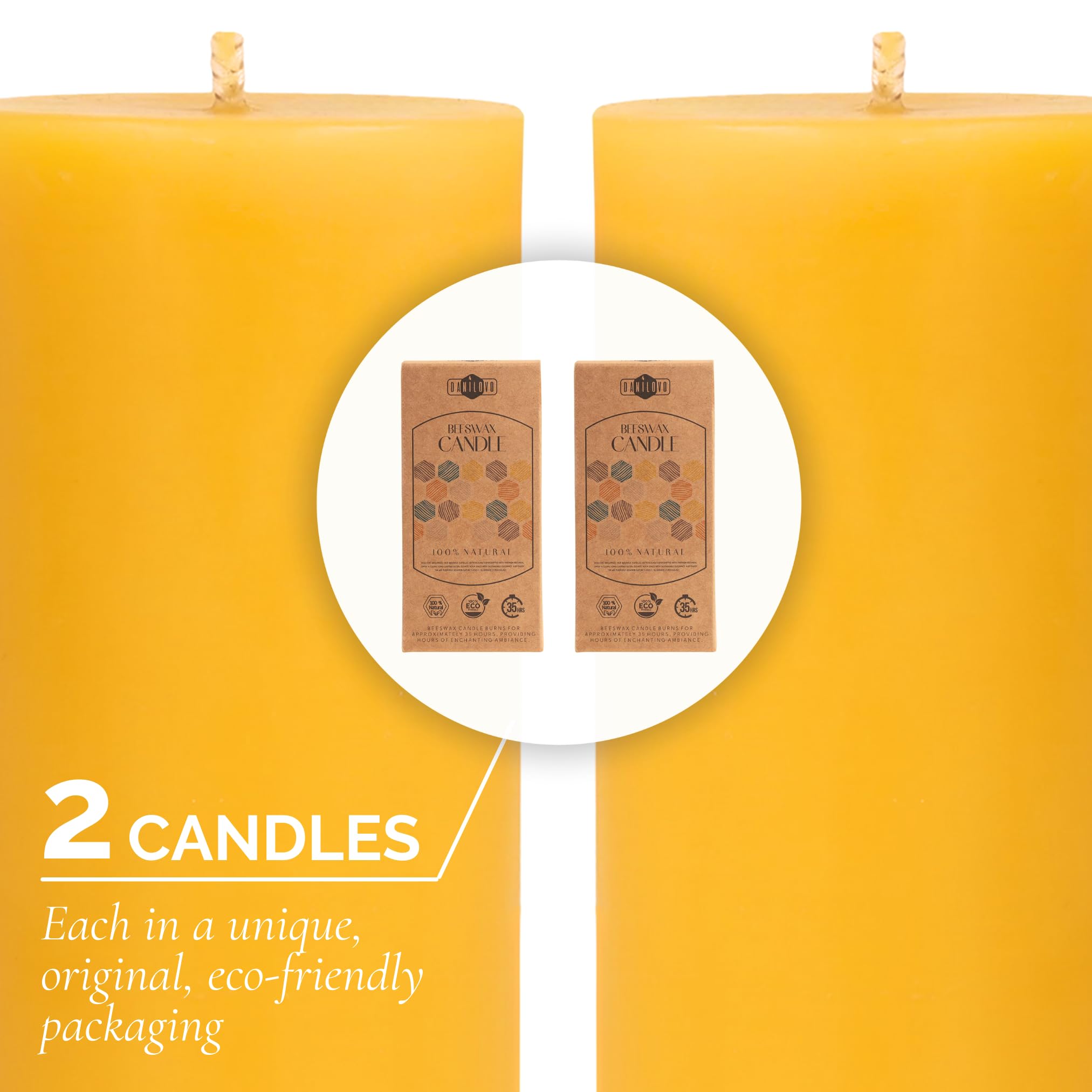 Danilovo Velas de Cera de Abeja Natural 100% Pura – Velas Decorativas Grandes para un Hogar Acogedor – Aroma a Cera de Abeja Natural que da Confort Diario (2 pz, 5x10 cm, 35 horas)