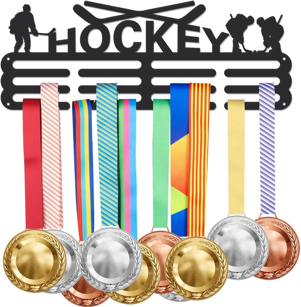SUPERDANT Ice Hockey Medal Display Hanger Competitions Medal Holder with 12 Lines Sturdy Steel Award Display Holders for 60+ Ribbon Lanyard Medals Wall Mounted Gifts for Kid