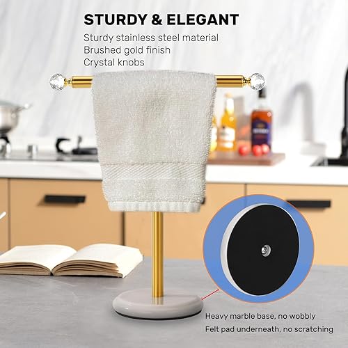 Miniatura 3 de Noonext Toallero de mano dorado con base de mármol pesado y perillas de cristal, soporte de toalla de encimera, soporte para toallas de mano en