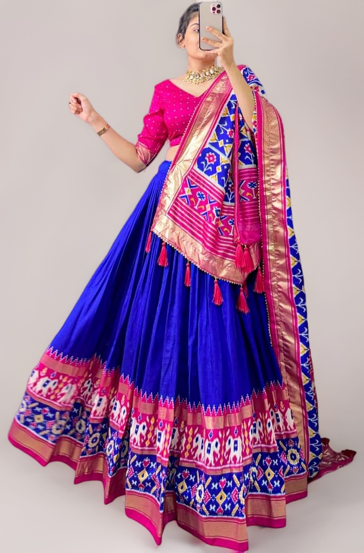 Women's Tussar Silk Lehenga Choli Patola Print with Foil Work With Blouse Solid