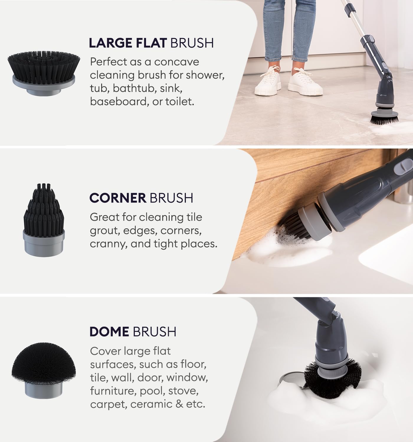 GENIANI Limpiador giratorio eléctrico, potente cepillo inalámbrico 360 para limpiar baño, azulejos, suelo, bañera y ducha con mango de extensión ajustable y 3 cabezales de cepillo giratorios
