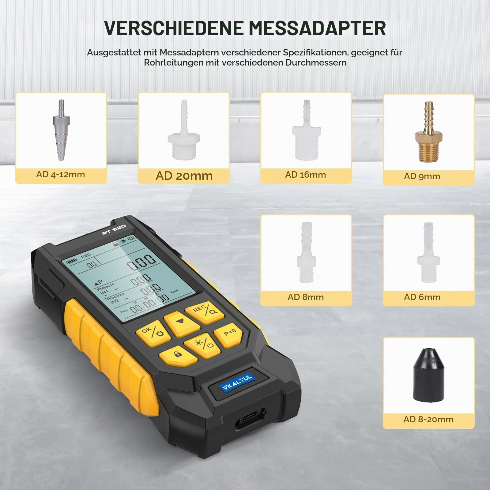 Digitales Manometer PT520, Manometer Wasser und Druckluft mit hohem Genauigkeitswert, 10 Messwerte, 29 Speicherung von Daten, Mehrere Messadapter, -1000~2000mbar, -100~200Kpa