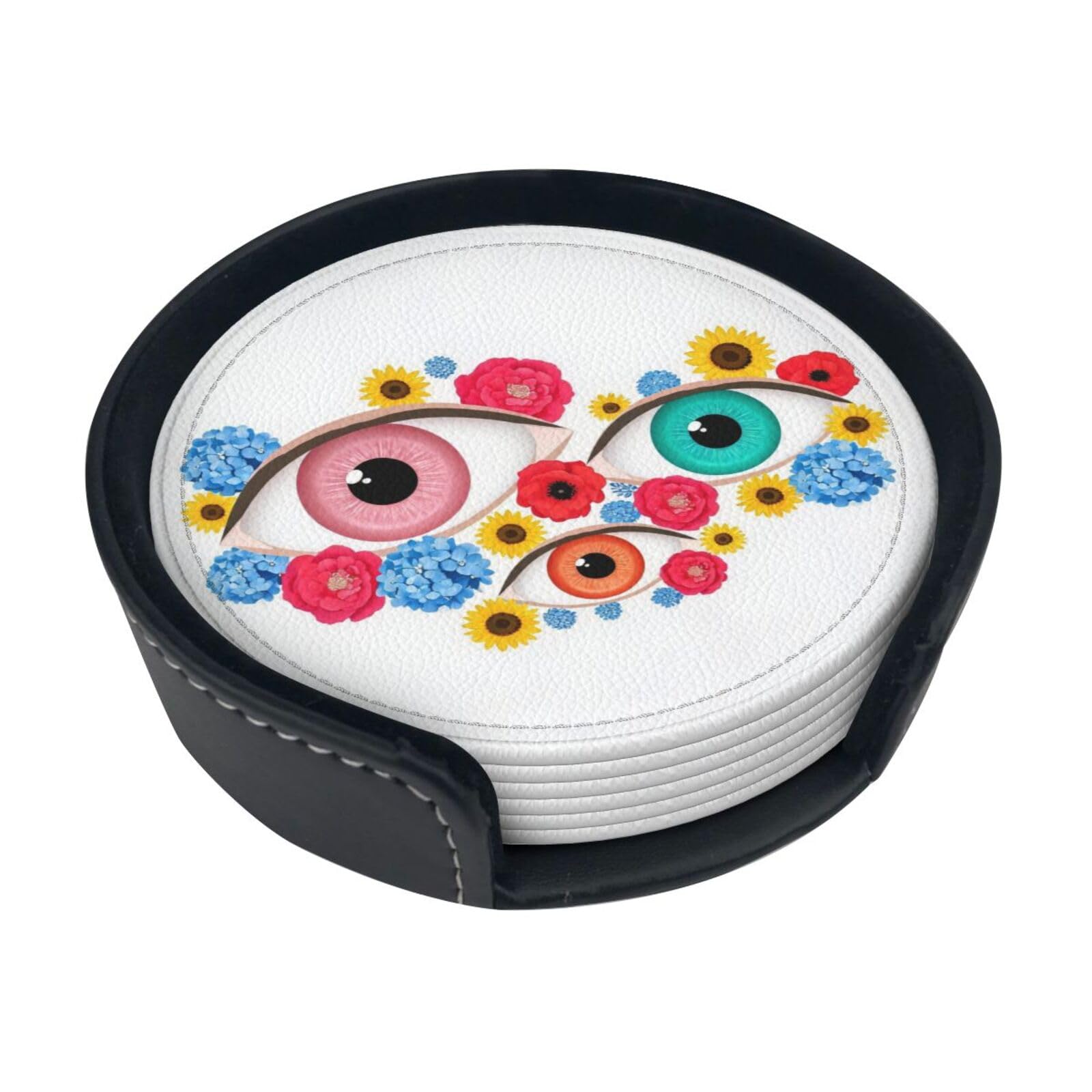 Eye Flower Leather Coasters-Set of 6 with Storage Holder