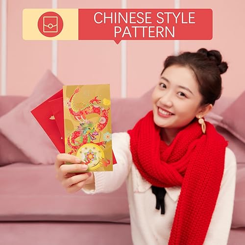 Miniatura 3 de Didiseaon Sobres lindos 2024 rojo Año del Dragón s 6 piezas chino Hong Bao Lai See Money Pocket Lucky Red Paquetes para Festival de Primavera Año