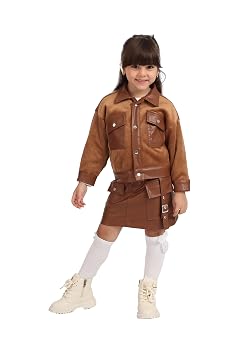 Girls Elegant Velvet Leather Jacket with Front Pockets and Short Skirt Set