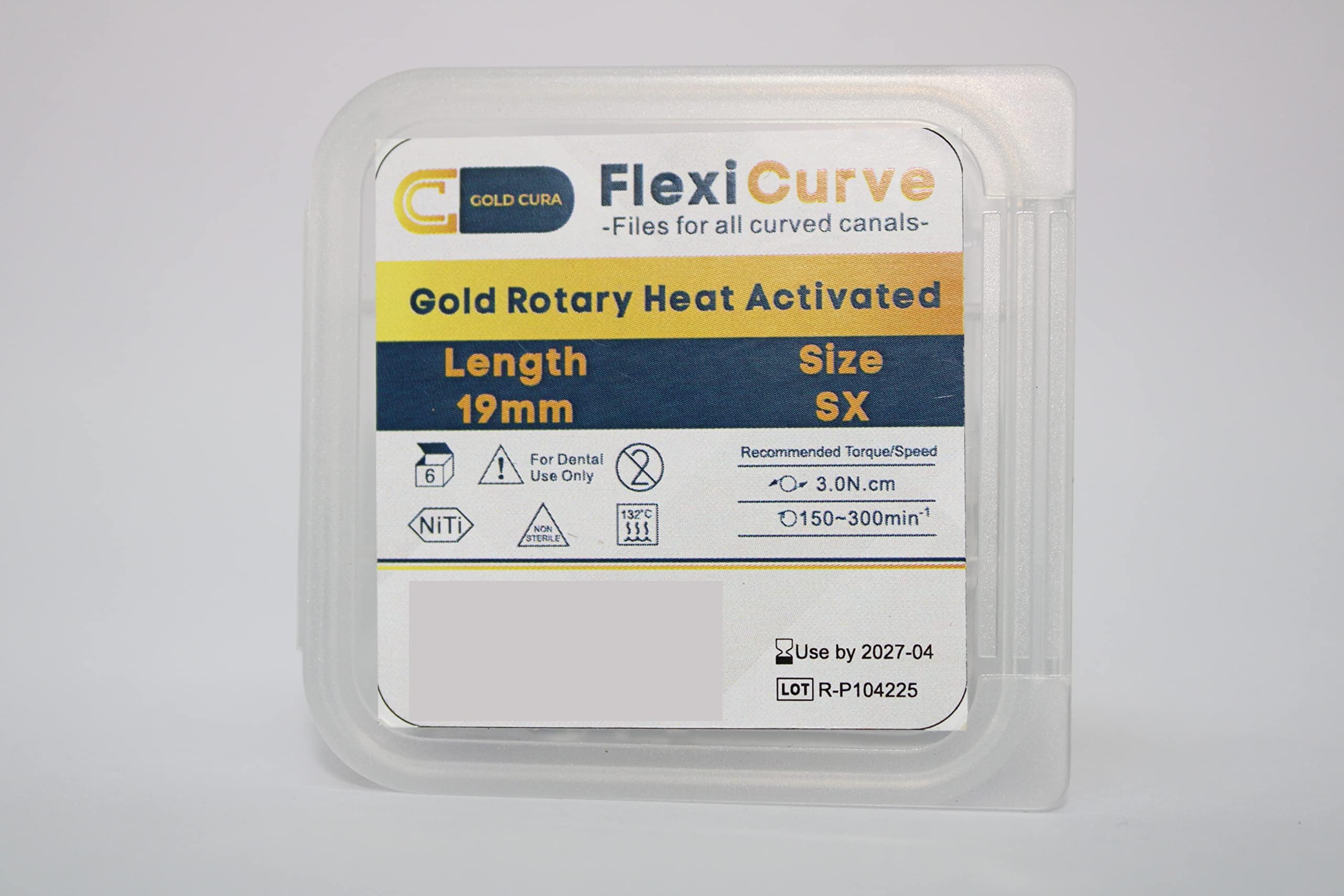 Gold Cura Dental | FlexiCurve | Gold Rotary Files | Heat Activated Rotary Files | Endodontic Rotary Files | Root Canal Rotary Files | Length: 19mm | Size: #Sx