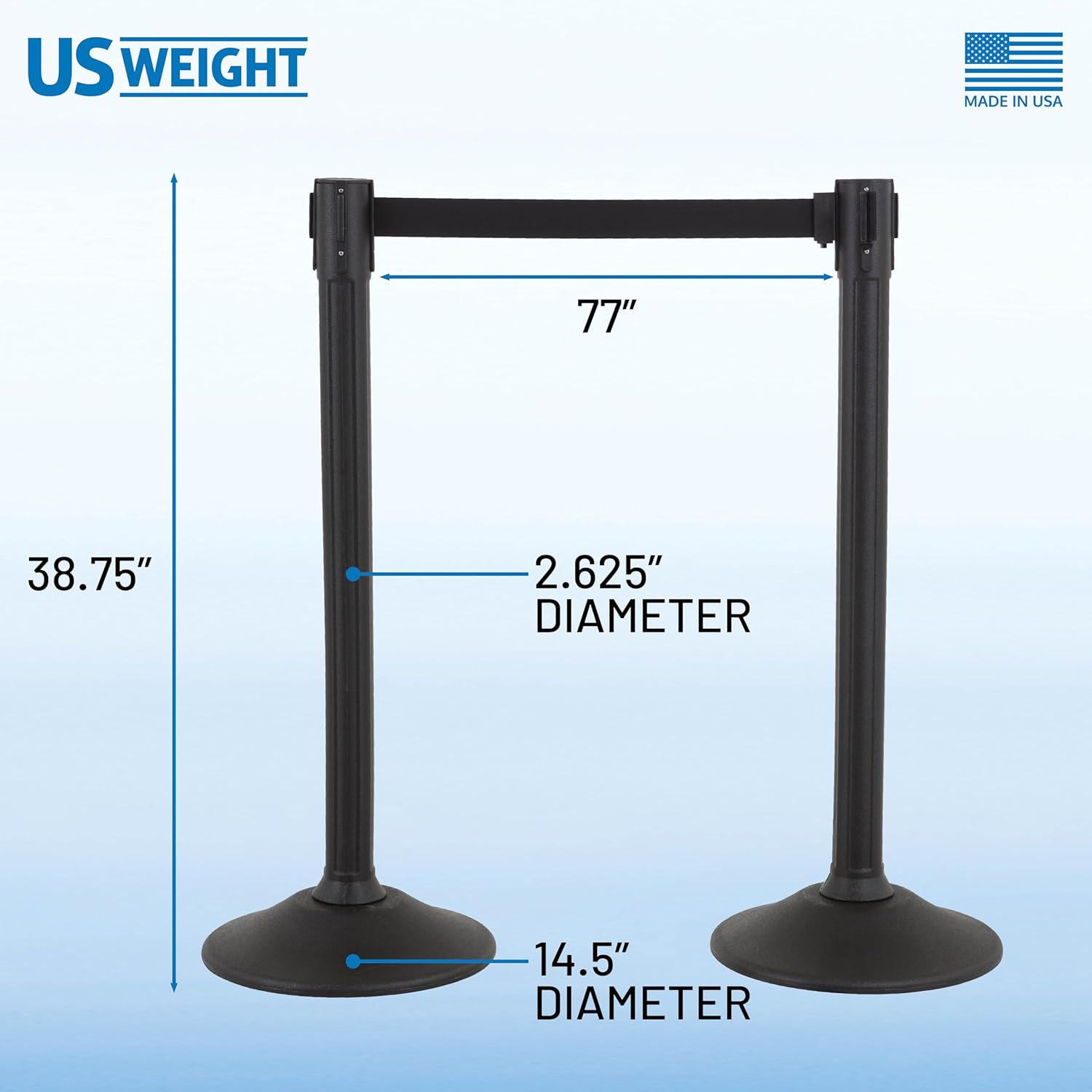 US Weight Black Plastic Stanchion for Crowd Control with 6.5' Retractable Black Barrier Belt with Tool-Free Assembly and UNIVERSAL BELT ENDS that Fit Most Brands - Pack of 6 - Made in the USA