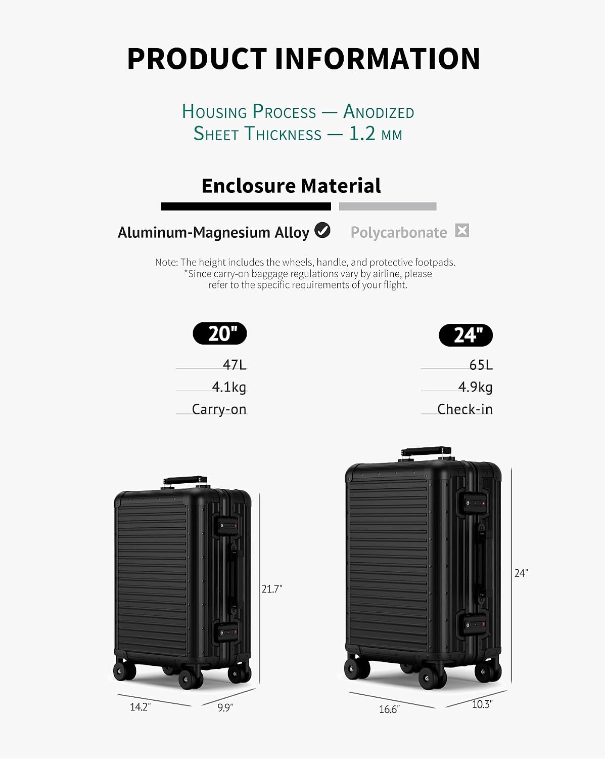 All Aluminum Carry On Luggage 22x14x9 Airline Approved, Zipperless Aluminum Suitcase, Hard Shell Carry On Luggage with TSA Lock, Spare Wheels. (Black, 20in)