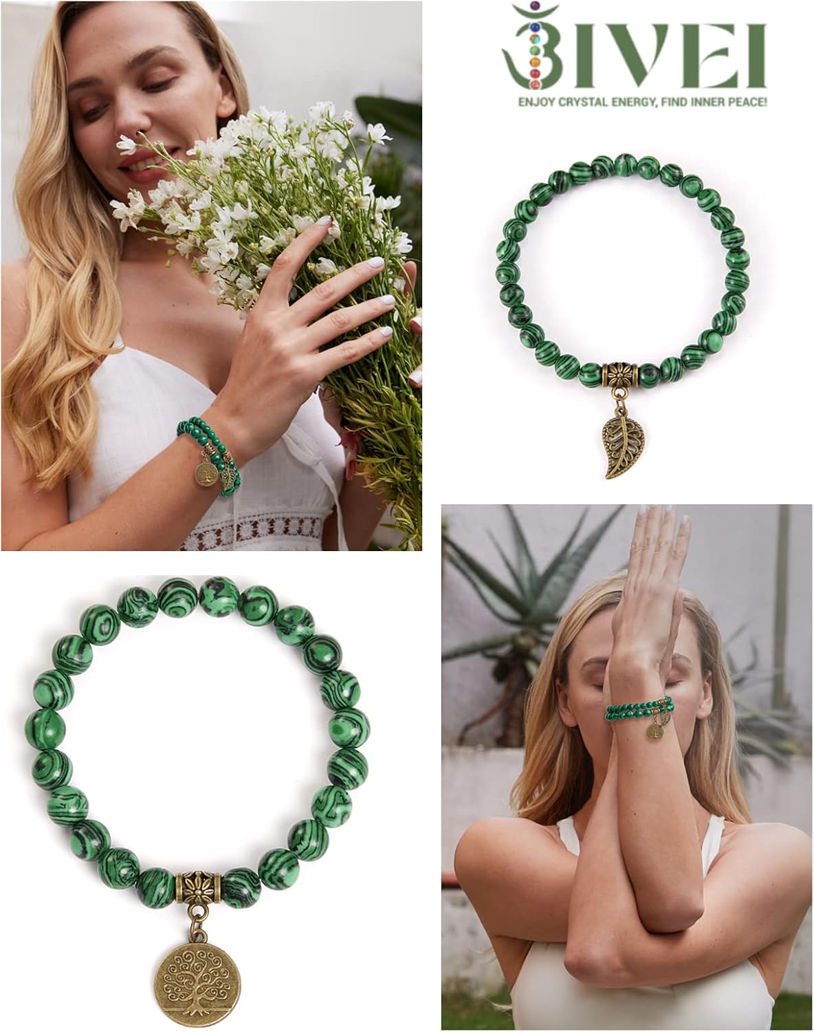Bivei Natural Semi Precious Gemstone beads bracelet for women - Life Tree and Leaf Charm Energy Reiki Crystal Stretch Bracelets - Image 4