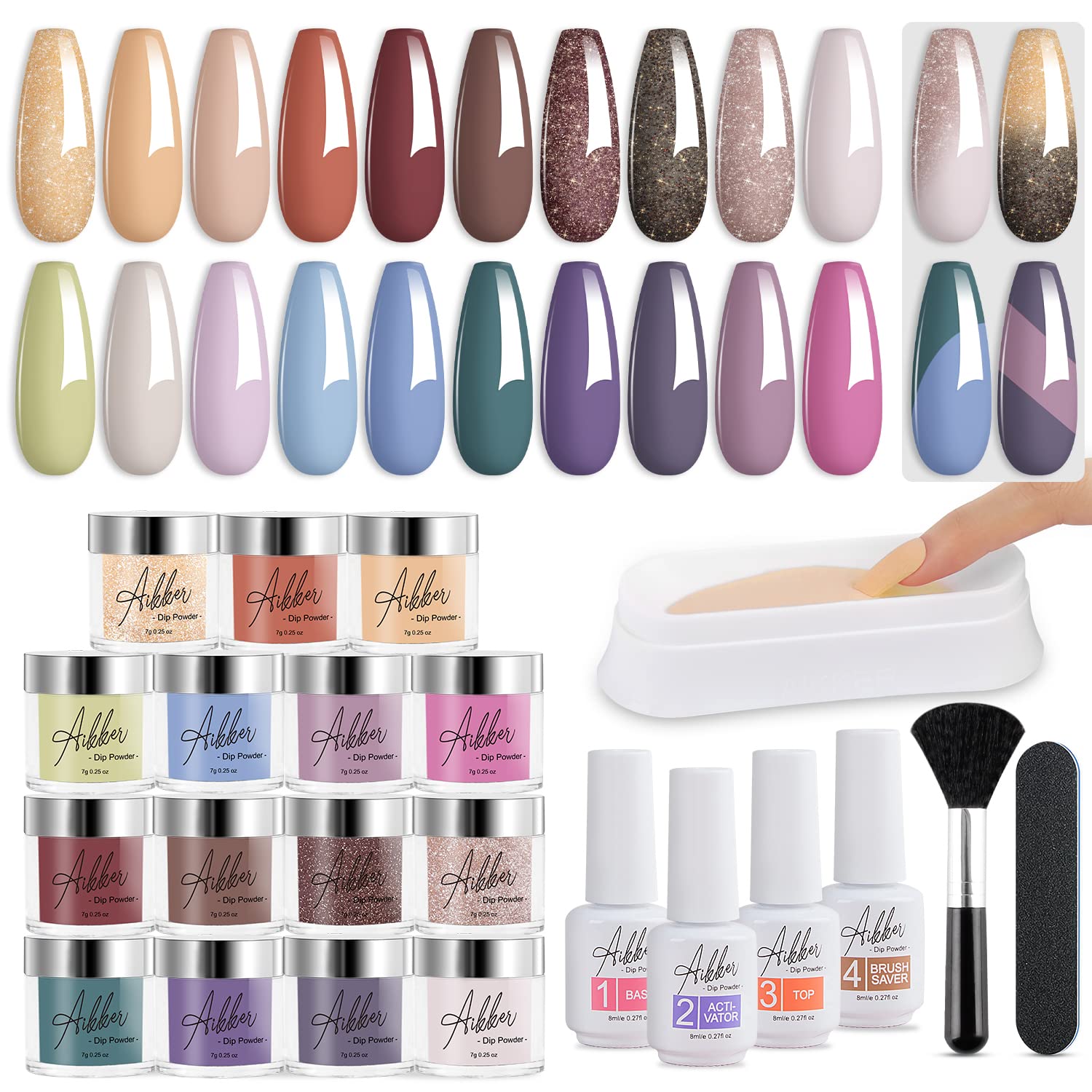 27 Pcs Fast Dry Dip Powder Nail Kit Starter 20 Colors Nude Gray Brown Dipping Powder with Essential Steps 1-4 Liquid & Nail Tools No UV/LED Lamp Needed Long Lasting Gift Set for Women AK34