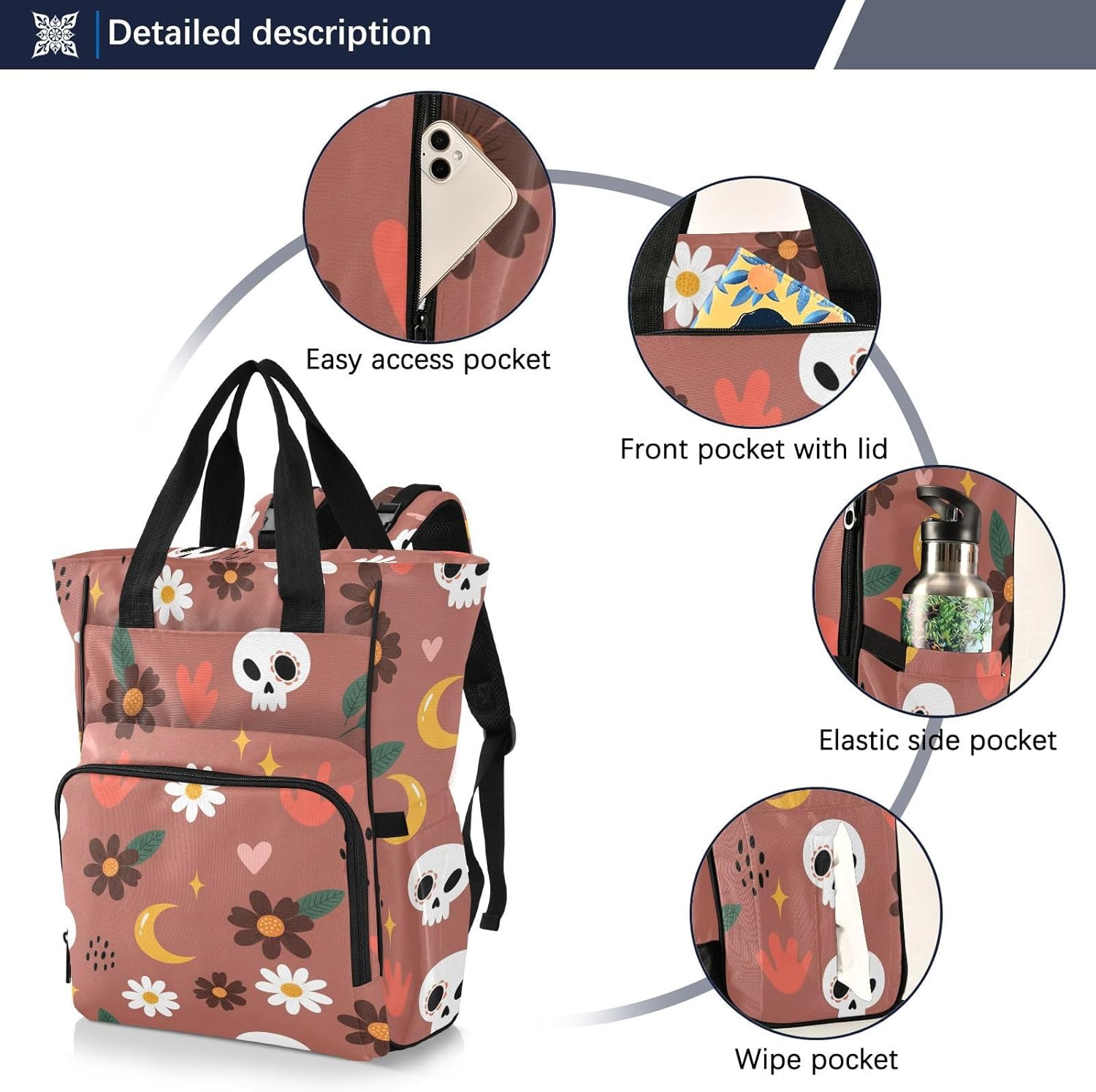 Flowers Skulls Moon Brown Pattern Diaper Bag Backpack for Baby Boys Girls Multifunction Baby Essentials Travel Tote with Stroller Straps & Bottle Storage Large Travel Diaper Backpack for Baby