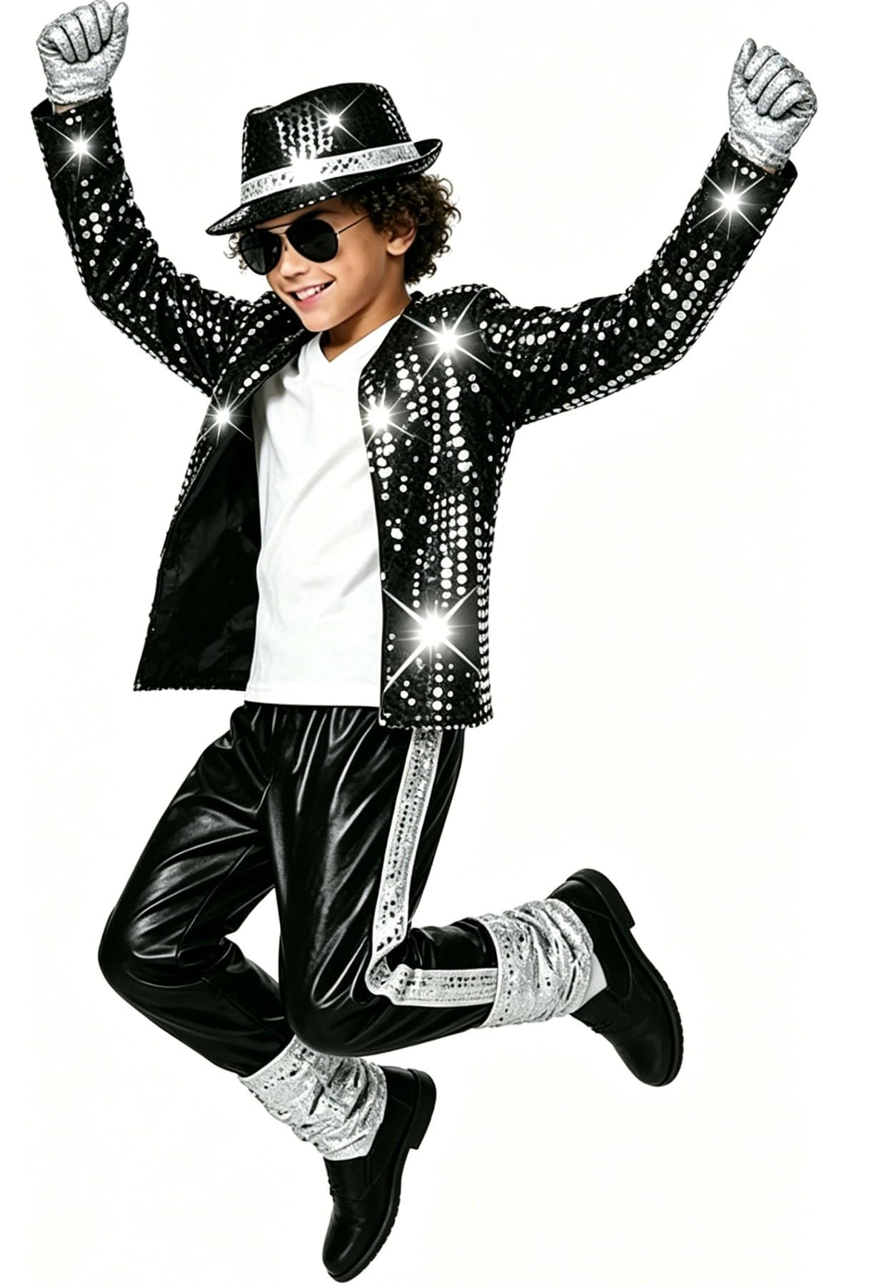 Generico 7 Pcs per Costume Halloween Pop Star - Giacca Nera con Paillettes, Pantaloni, Cappello, Guanti Travestimento Retrò Anni '80/'90 per Spettacoli Scena per Feste Halloween